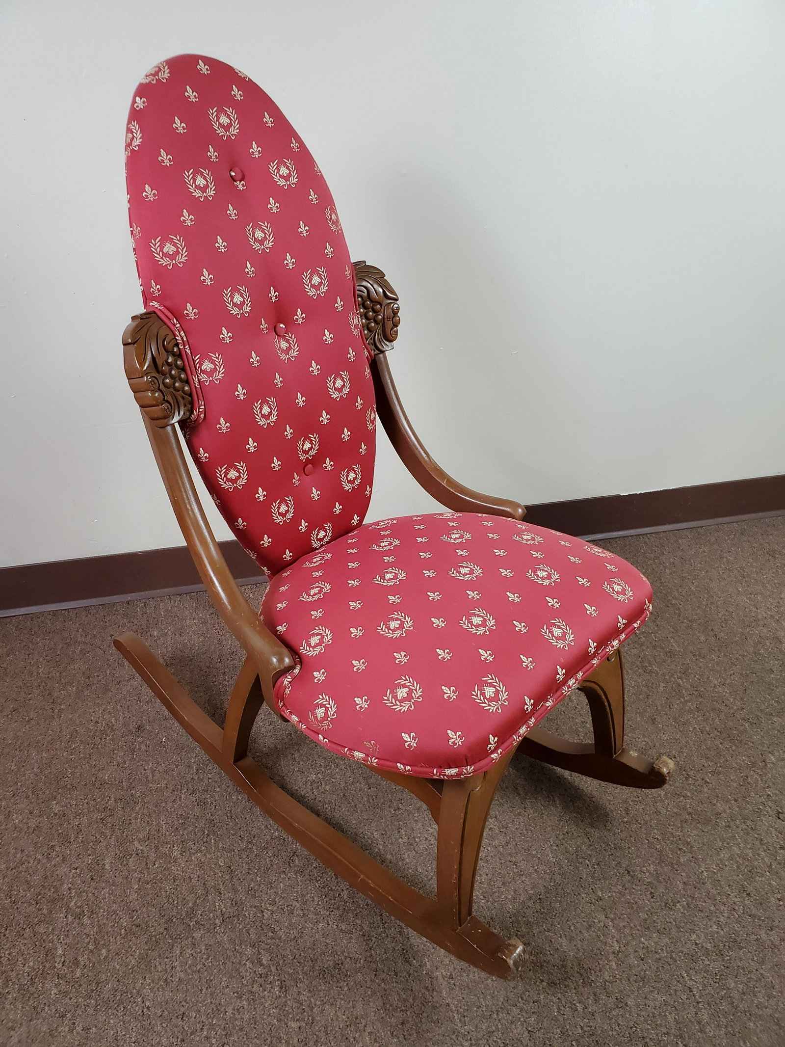 Carved Rocker: 18" wide X 30 1/2" deep X 35" high. IMPORTANT: Before bidding, please read the terms and conditions. When you registered for the auction you agreed to these terms and will be required to comply with t