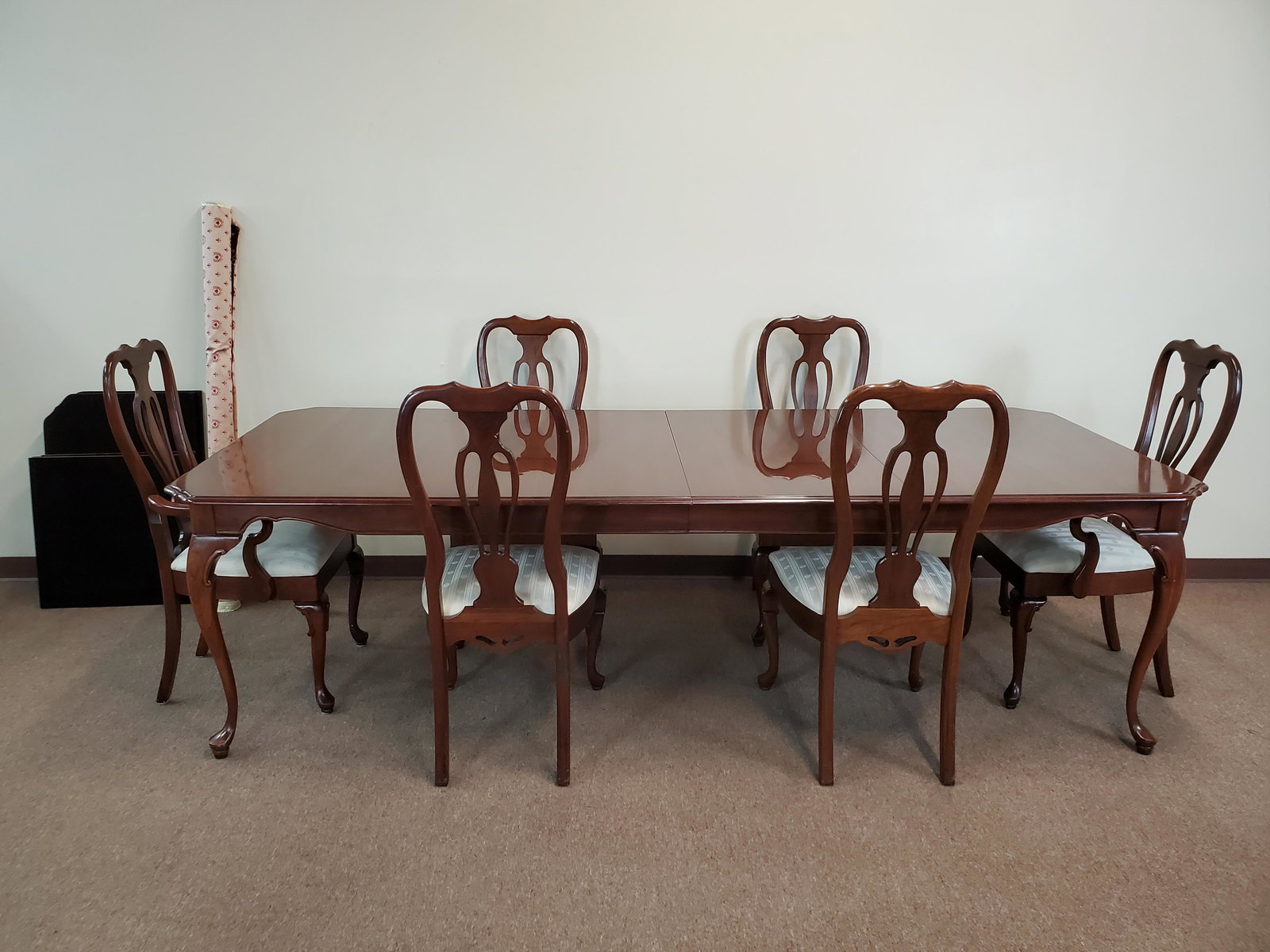 Jamestown Sterling Furniture Dining Room Set: Table: 62" wide X 44" deep X 30 1/4" high. Leaves 22" wide. Chairs: 19 1/2" wide X 18" deep X 42" high. Also come with table pads and a bolt of fabric to recover the chairs. Fabric is 58" wide X 18' l