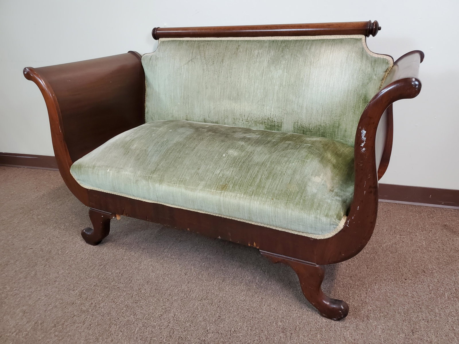 Settee: 52 3/4" wide X 22 1/2" deep X 34 1/2" high. Has losses to veneer. Also missing part of front leg. IMPORTANT: Before bidding, please read the terms and conditions. When you registered for the auction y