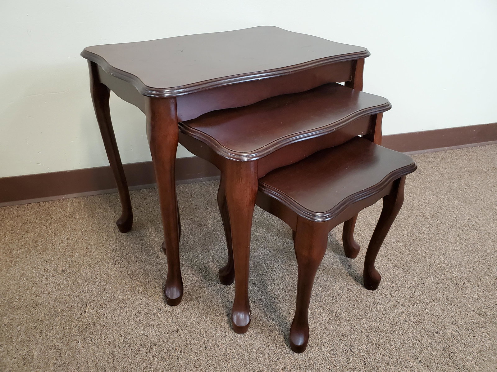 3 Nesting Tables: Large 23" wide X 16" deep X 20 3/4" high. Small 13" wide X 12" deep X 14" high. IMPORTANT: Before bidding, please read the terms and conditions. When you registered for the auction you agreed to these
