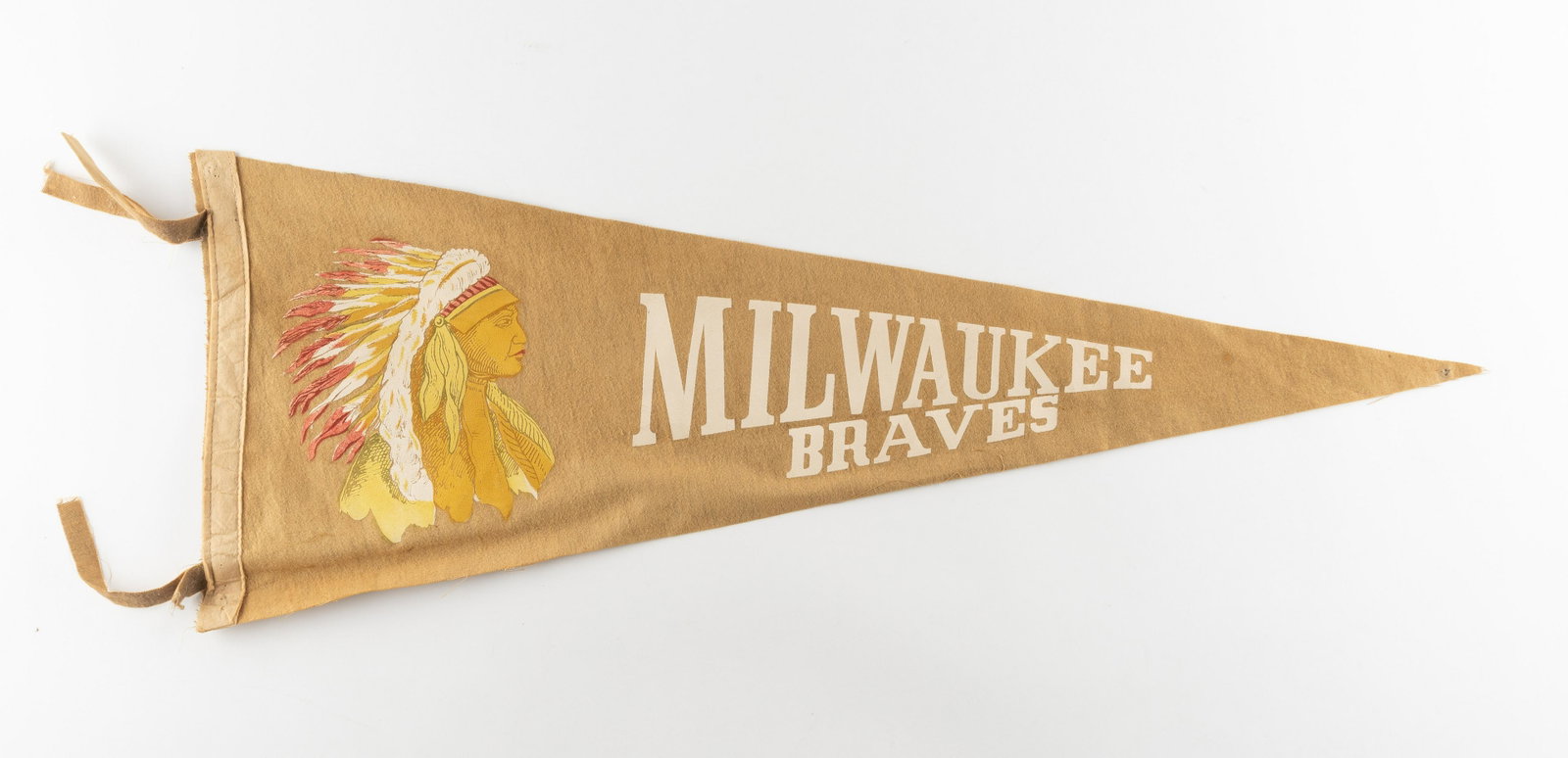 1950's Milwaukee Braves Pennant: Some wear. IMPORTANT: Before bidding, please read the terms and conditions. When you registered for the auction you agreed to these terms and will be required to comply with them.