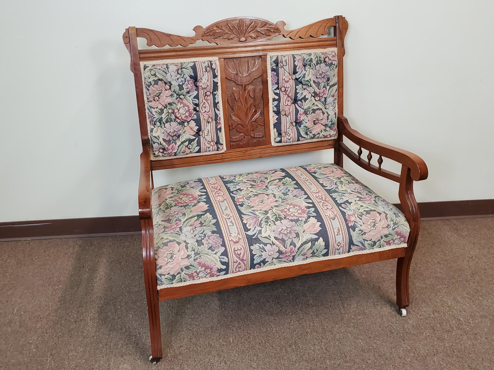 Victorian Settee: Reupholstered. 35" wide X 24" deep X 39 1/2" high. IMPORTANT: Before bidding, please read the terms and conditions. When you registered for the auction you agreed to these terms and will be required t
