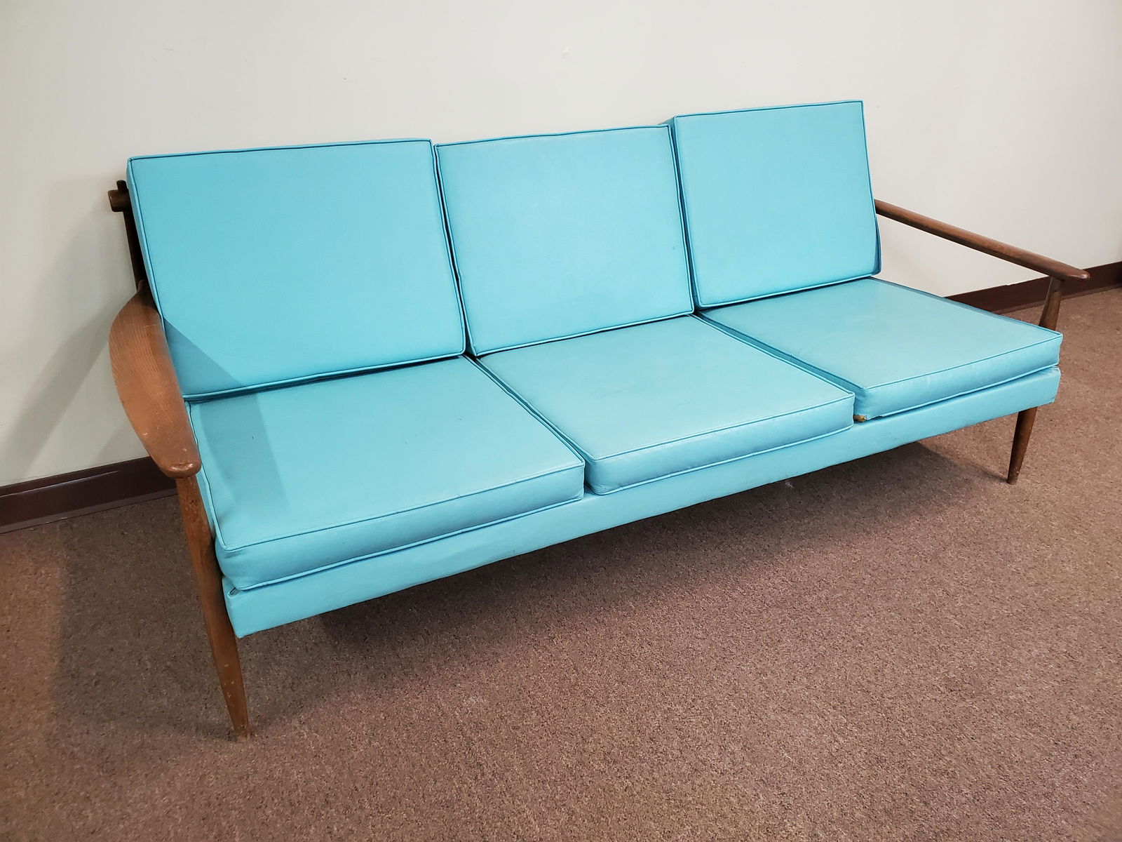 Mid Cent Wood Sofa W/ Aqua Cushions (1 of 5)