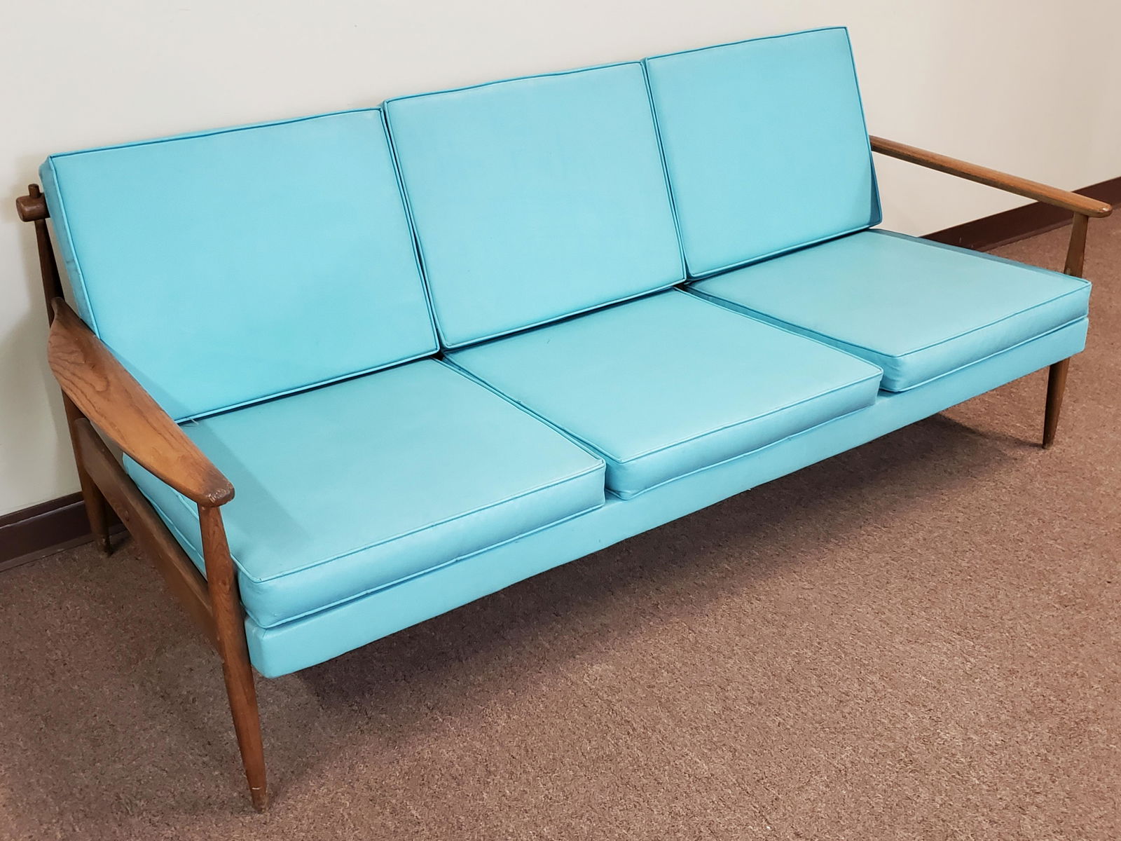 Mid Cent Wood Sofa W/ Aqua Cushions (1 of 5)