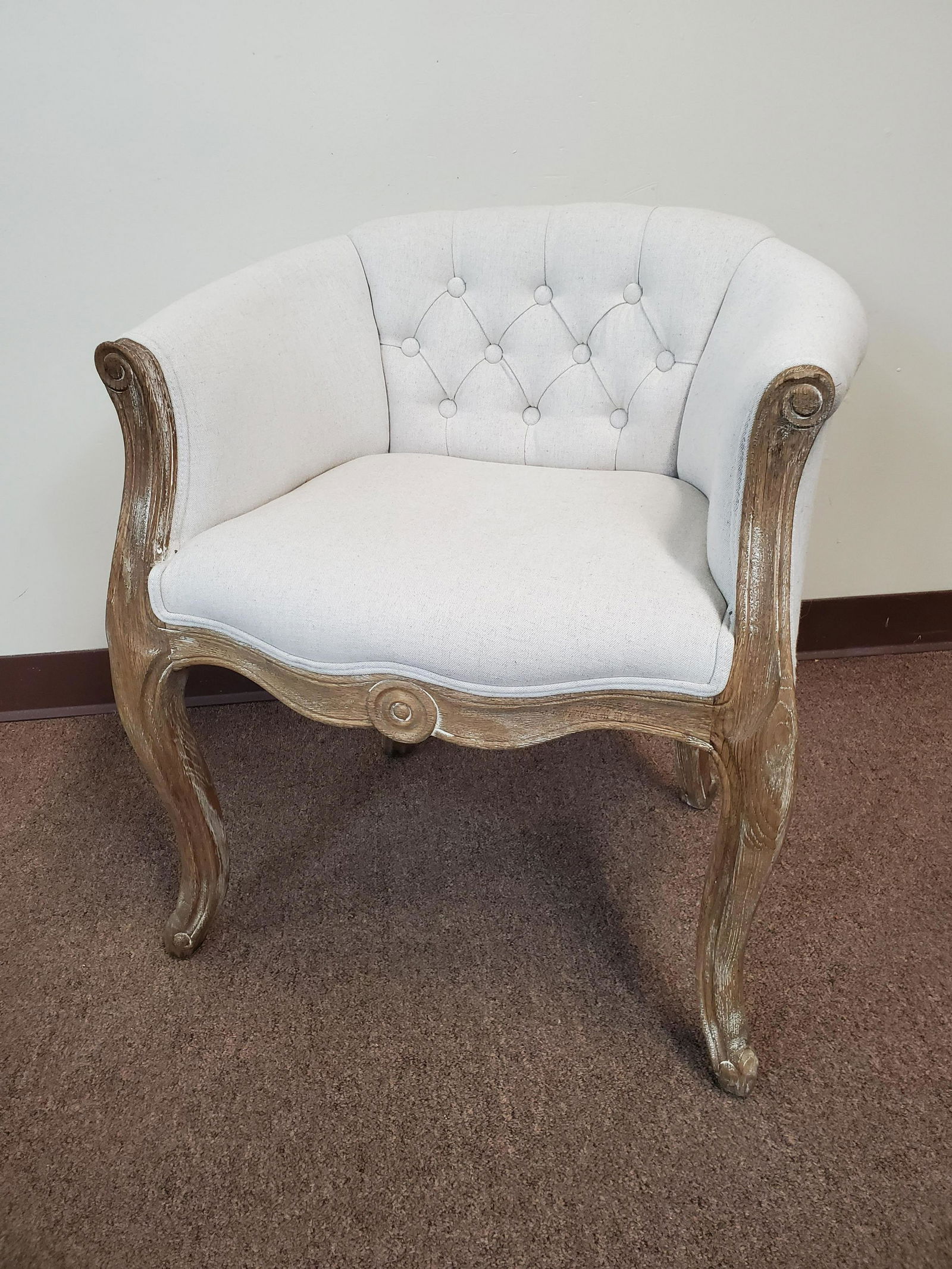 Tufted Barrel Chair: 24" wide X 21" deep X 26 1/2" high. IMPORTANT: Before bidding, please read the terms and conditions. When you registered for the auction you agreed to these terms and will be required to comply with t