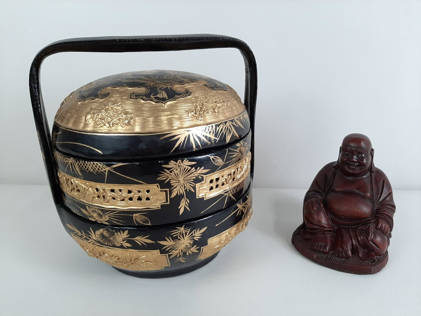 Chinese Wedding Basket: Also includes wooden Buddha. 5" to 9½" high. Buddha with some cracks. IMPORTANT: Before bidding, please read the terms and conditions. When you registered for the auction you agreed to these terms an
