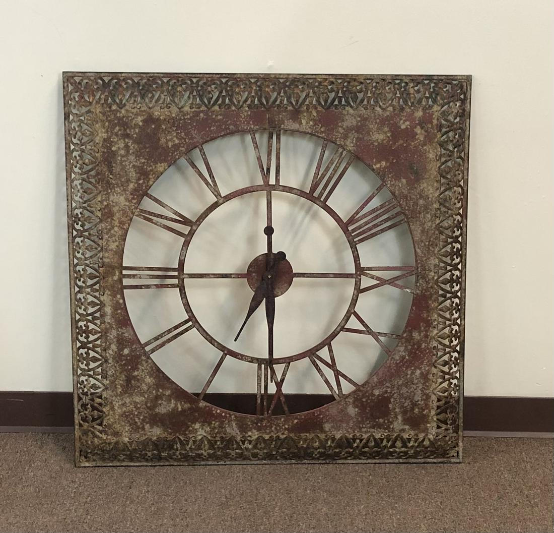 35" x 35" Hanging Clock: Starts and stops. Some corrosion to battery compartment. 35" high x 35" wide. IMPORTANT: Before bidding, please read the terms and conditions. When you registered for the auction you agreed to these t