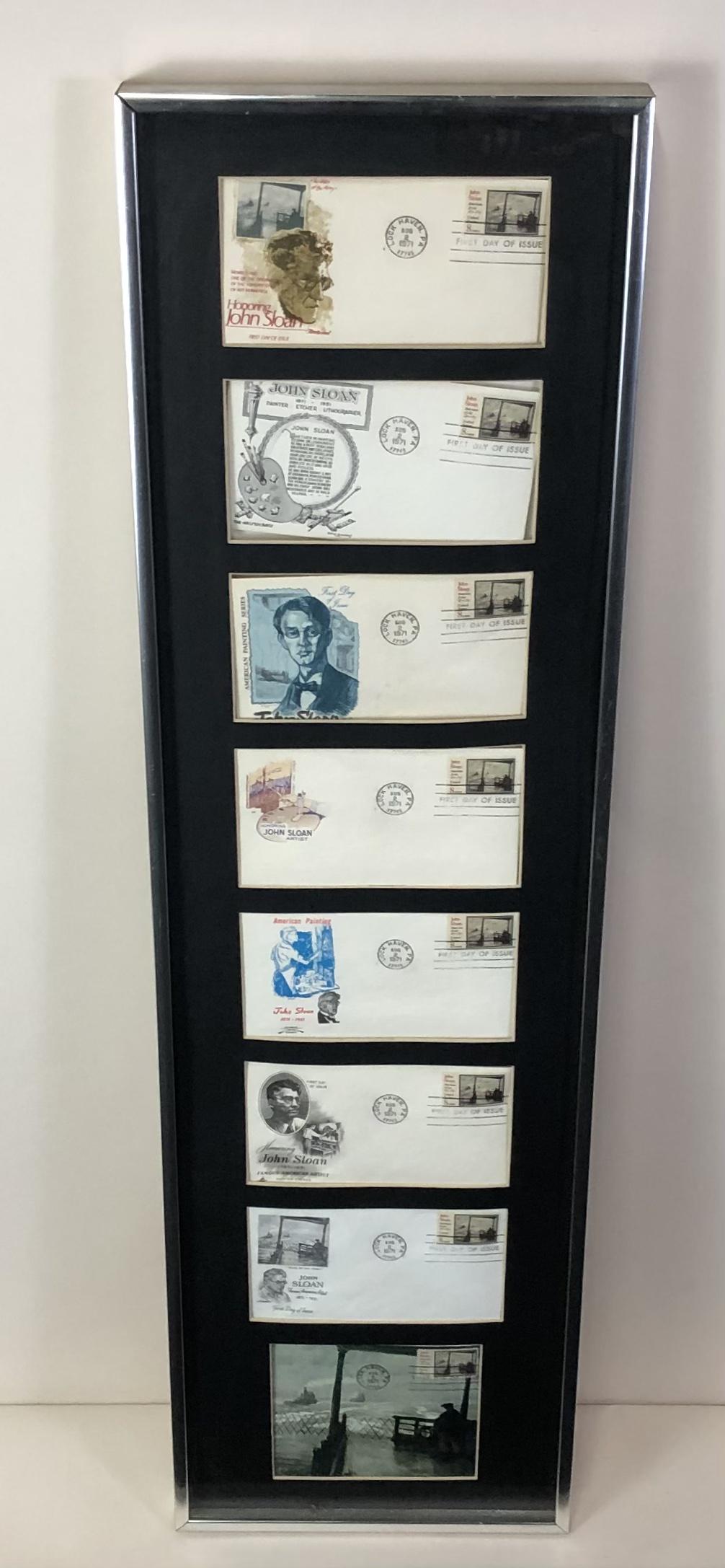 8 John Sloan First Day Covers: Overall with frame 36 1/2" high x 10 1/4" wide. IMPORTANT: Before bidding, please read the terms and conditions. When you registered for the auction you agreed to these terms and will be required to c