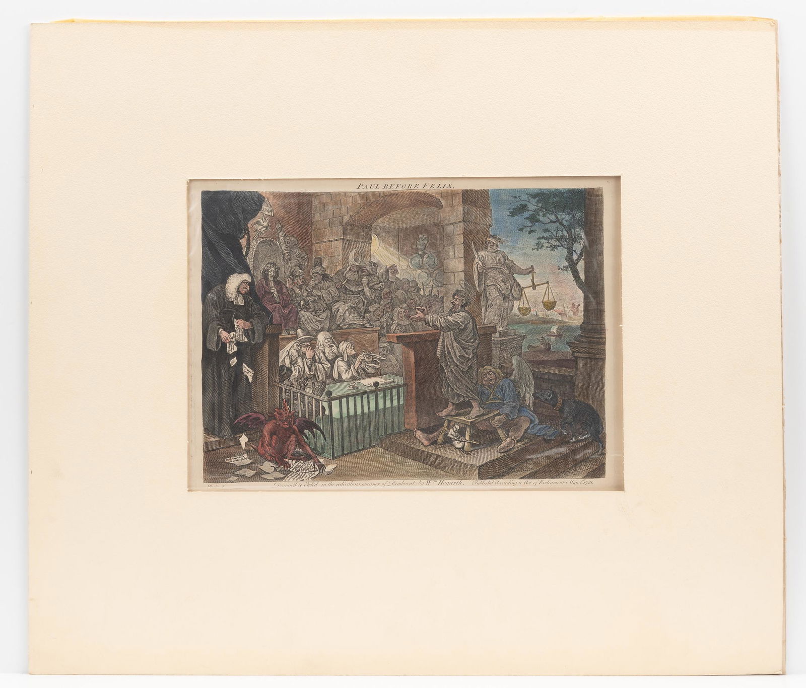 William Hogarth 'Paul Before Felix' Engraving: In the style of Rembrant. Published May 1, 1751. 25" wide x 19" high. Water damage and degradation to paper surrounding image. IMPORTANT: Before bidding, please read the terms and conditions. When you