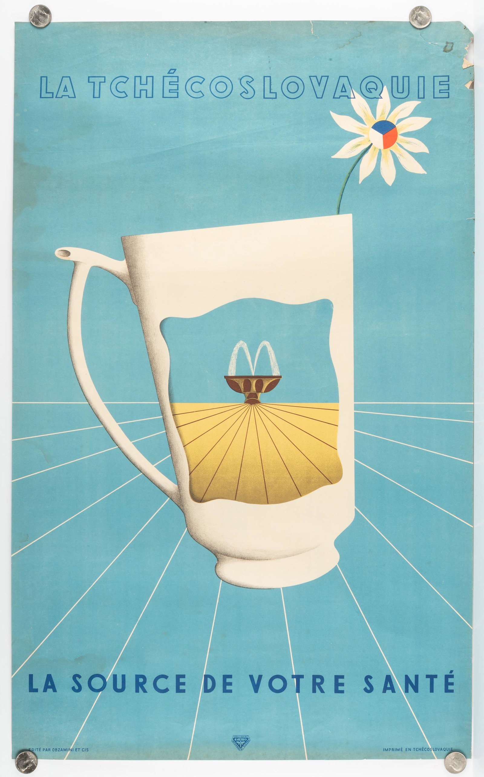 1943 Vintage Czechoslovakia Travel Poster: Circa 1943. "La Tchecoslovaquie, La Source De Votre Sante" Printed in Czechoslovakia. Edited by Obzamini and Cis. Produced by the Cestovni Informacni Sluzba. Degradation and loss to upper right corner
