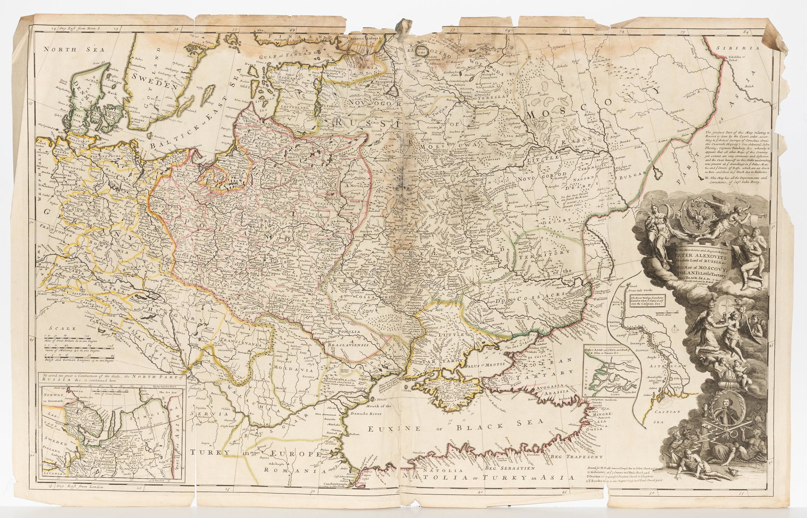 H. Moll, 1736, Map includes Moscovy & Poland: Also includes Little Tartary and the Black Sea. Dedicated to Peter Alexovitz, Absolute Lord of Russia. 1736. Constructed in 2 panels; hand colored. Tears to bottom at folds. Tears and losses to right 