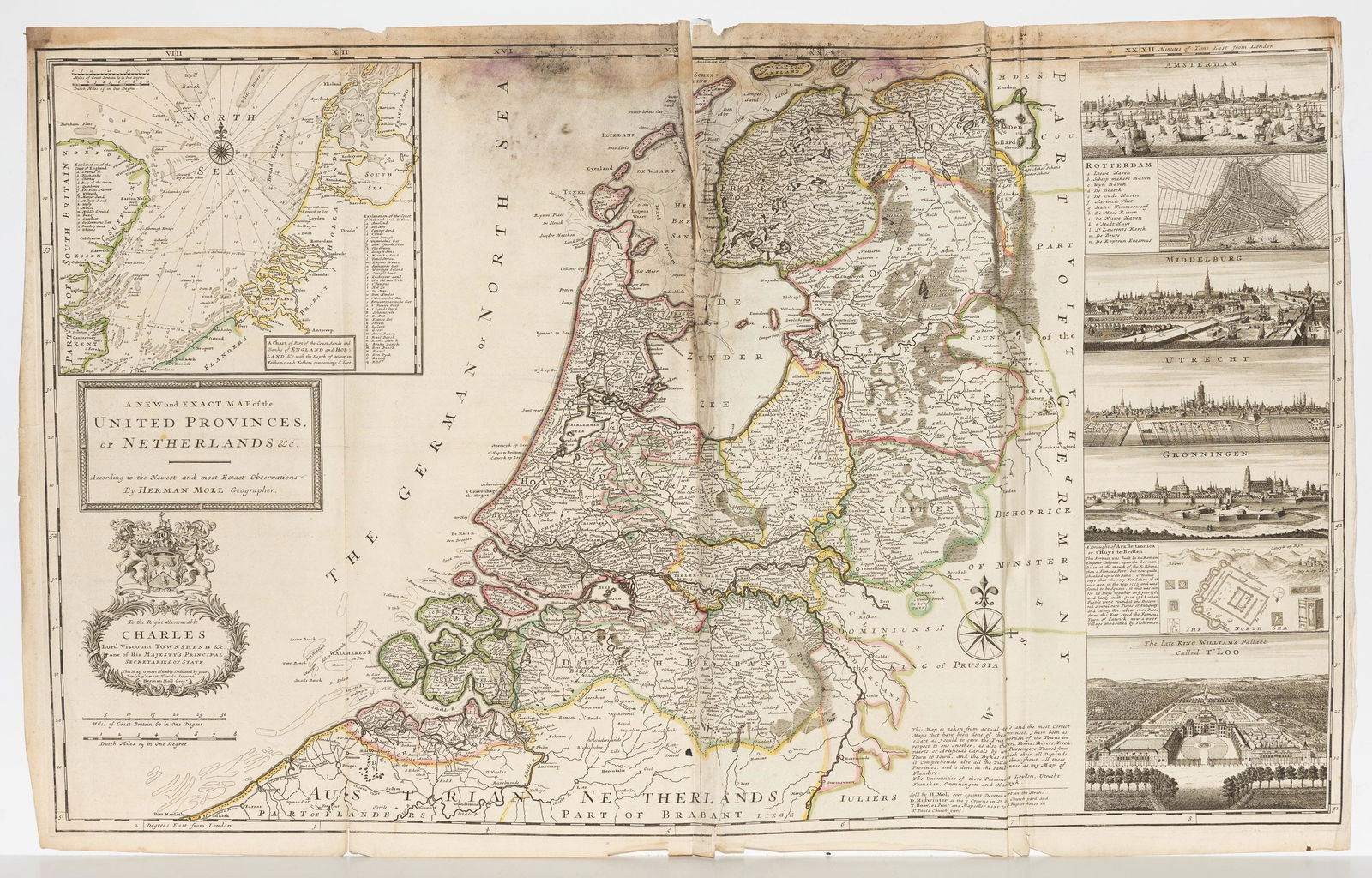 H. Moll, 1710, Map of United Provinces: Dedicated to the Right Honorable Charles Lord Viscount Townshend. Constructed in 2 panels, hand colored. Tears to top and bottom edges. Tear at top at middle fold, does not impact map completion. Wate