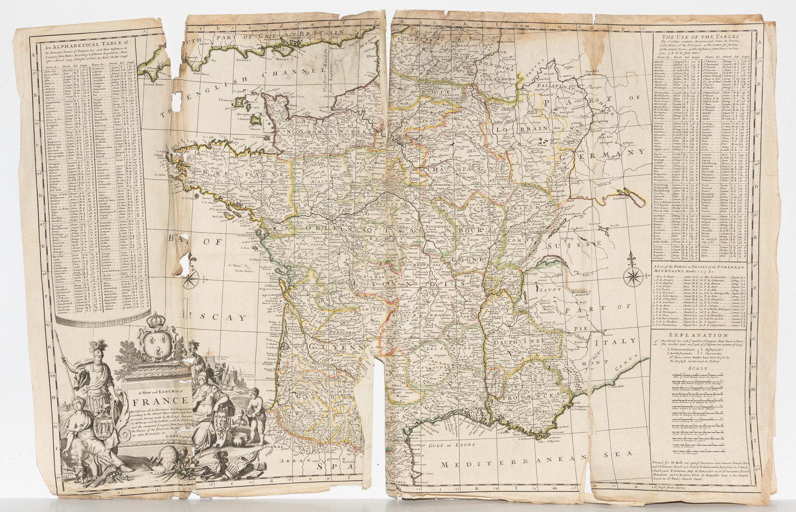 H. Moll, circa 1730s, Maps of Spain & Portugal: Also includes map of France.Spain & Portugal: Dedicated to His Grace John, Duke of Argile. Constructed in 4 panels, hand colored. Tears to bottom at panel creases; adhesive has failed down middle pane