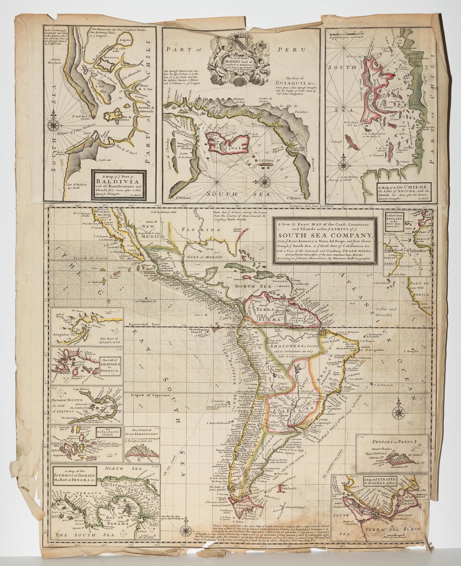 H. Moll, 1711, Map of the Pacific Coast: Map of the Pacific Coast of the Americas. Dedicated to the South Sea Company. Hand colored, single sheet map. tears and folds to edges. No tears impact the continuity of the maps. Staining and mold. 2