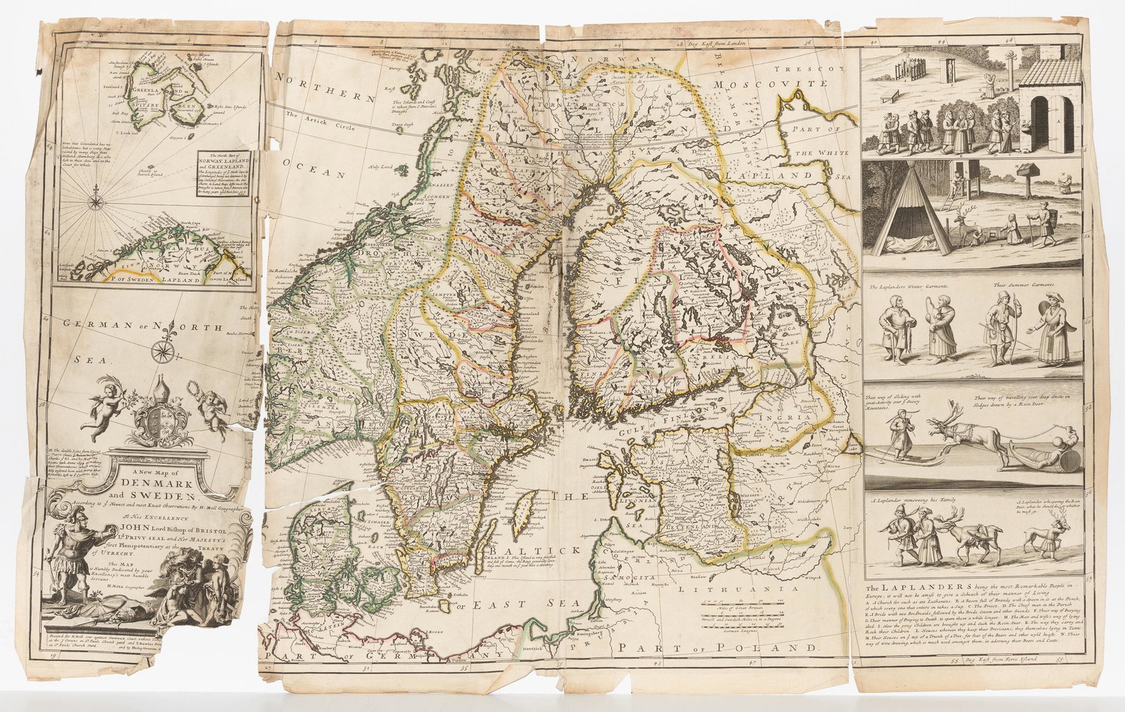 H. Moll, circa 1750s, Map of Denmark and Sweden: Dedicated to His Excellency John, Lord Bishop of Bristol. Hand colored. Major tears at fold creases causing losses to map and cartouche at bottom right. Bottom right corner detached but present. Water