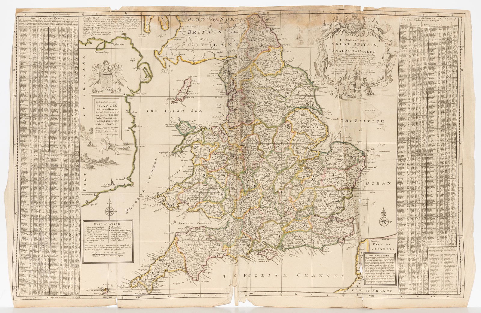 H. Moll, 1710, The Southern Part of Great Britain: Dedicated to the RIght Honorable Francis, Lord Viscount Rialton. Constructed in 2 panels, hand colored. Adhesive has failed to middle at upper half. Tears to bottom of map in 3 places. Water damage an