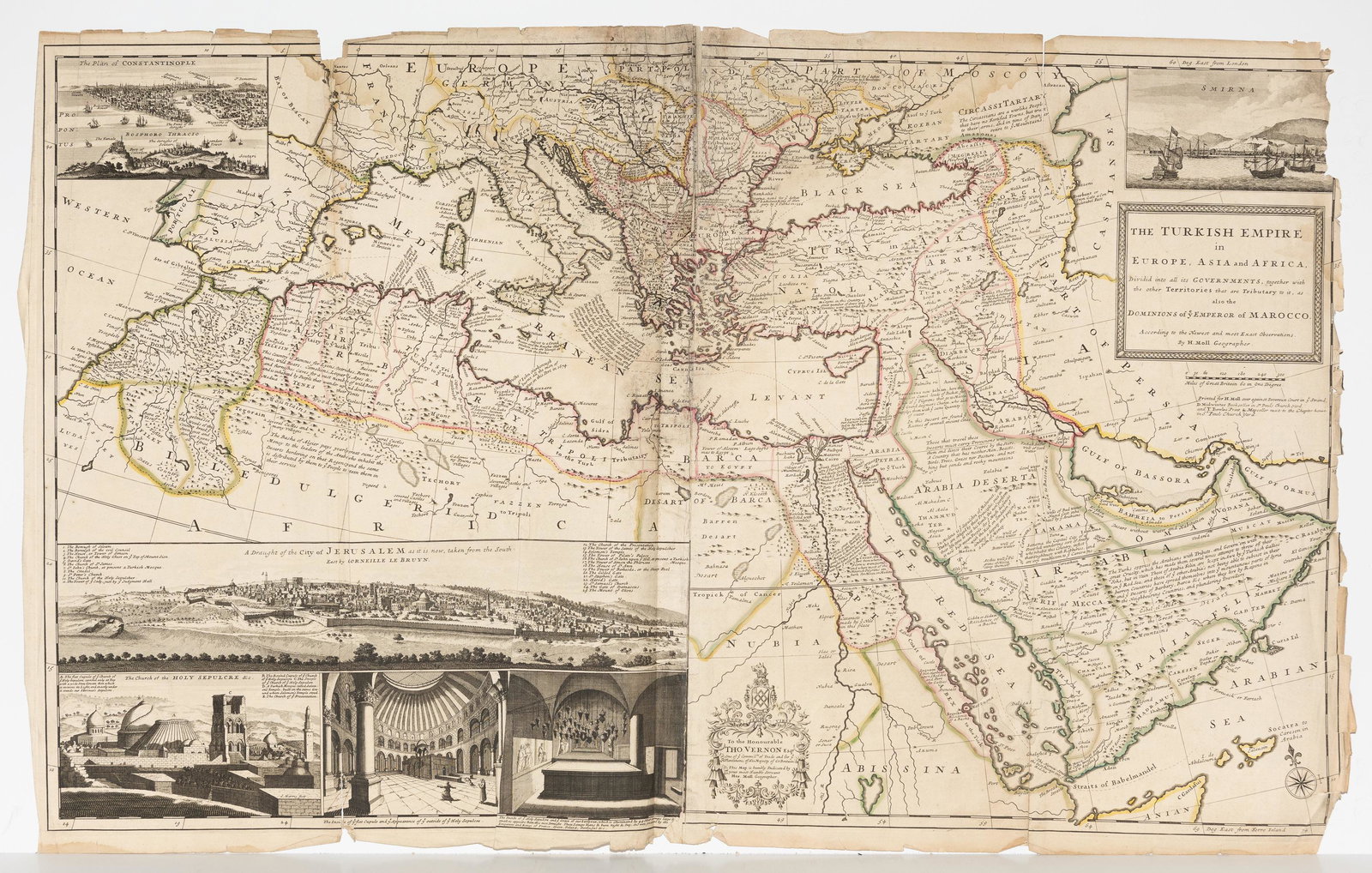 H. Moll, circa 1740, Map of Turkish Empire: Dedicated to the Honourable Tho. Vernon, Esq. Constructed in 4 panels. Hand colored. Wrinkling and tears to edges. Large tear and panel detachment to middle. Waterdamage and mold to upper middle of ma