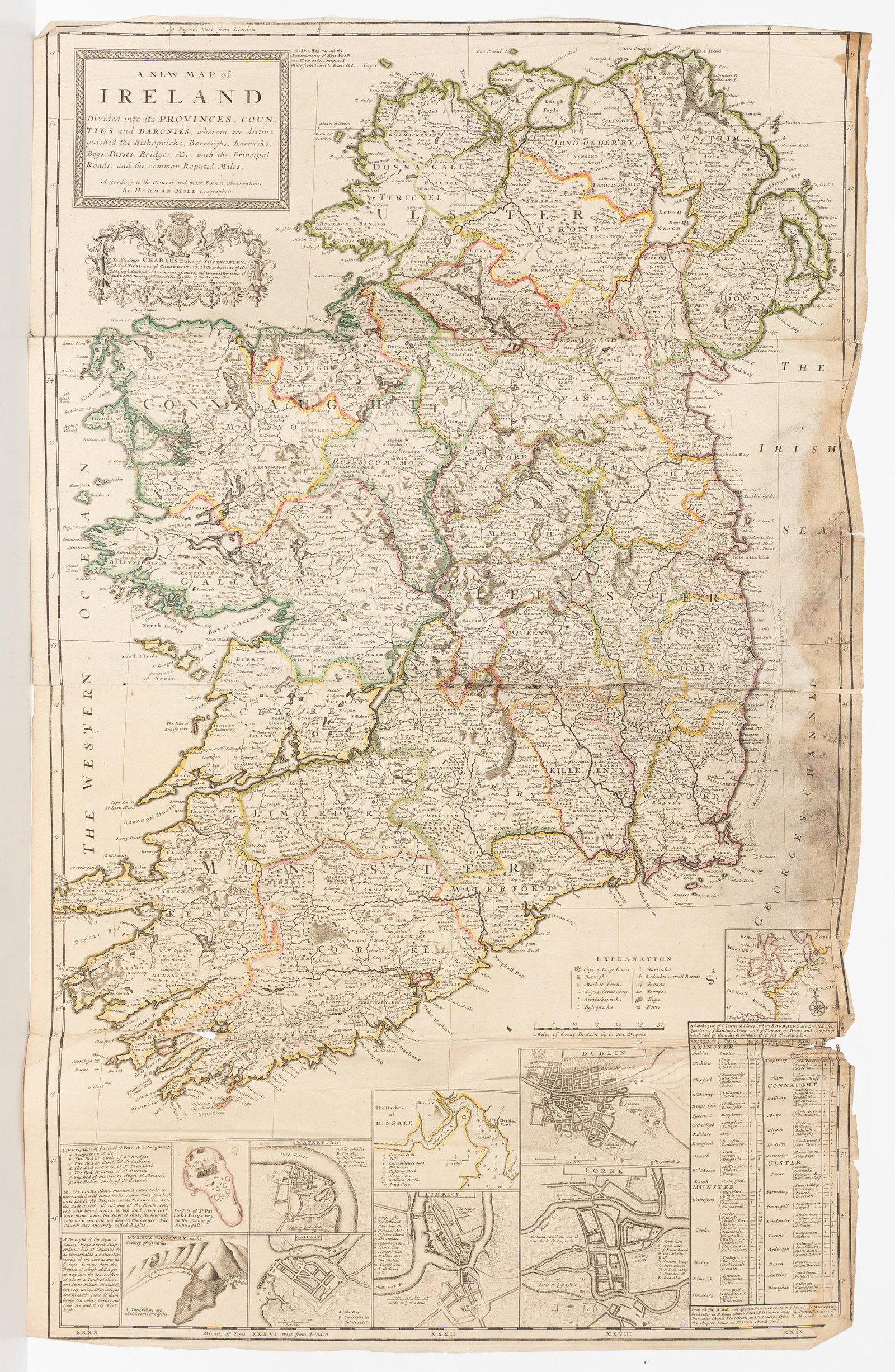 H. Moll, 1714, A New Map of Ireland: Dedicated to Charles Duke of Shrewsbury. Constructed in 2 panels, hand colored. Tears to edges at folds and entire right edge. Staining and mold to right edge. 39-3/4" high x 25-1/4" wide. IMPORTANT: 