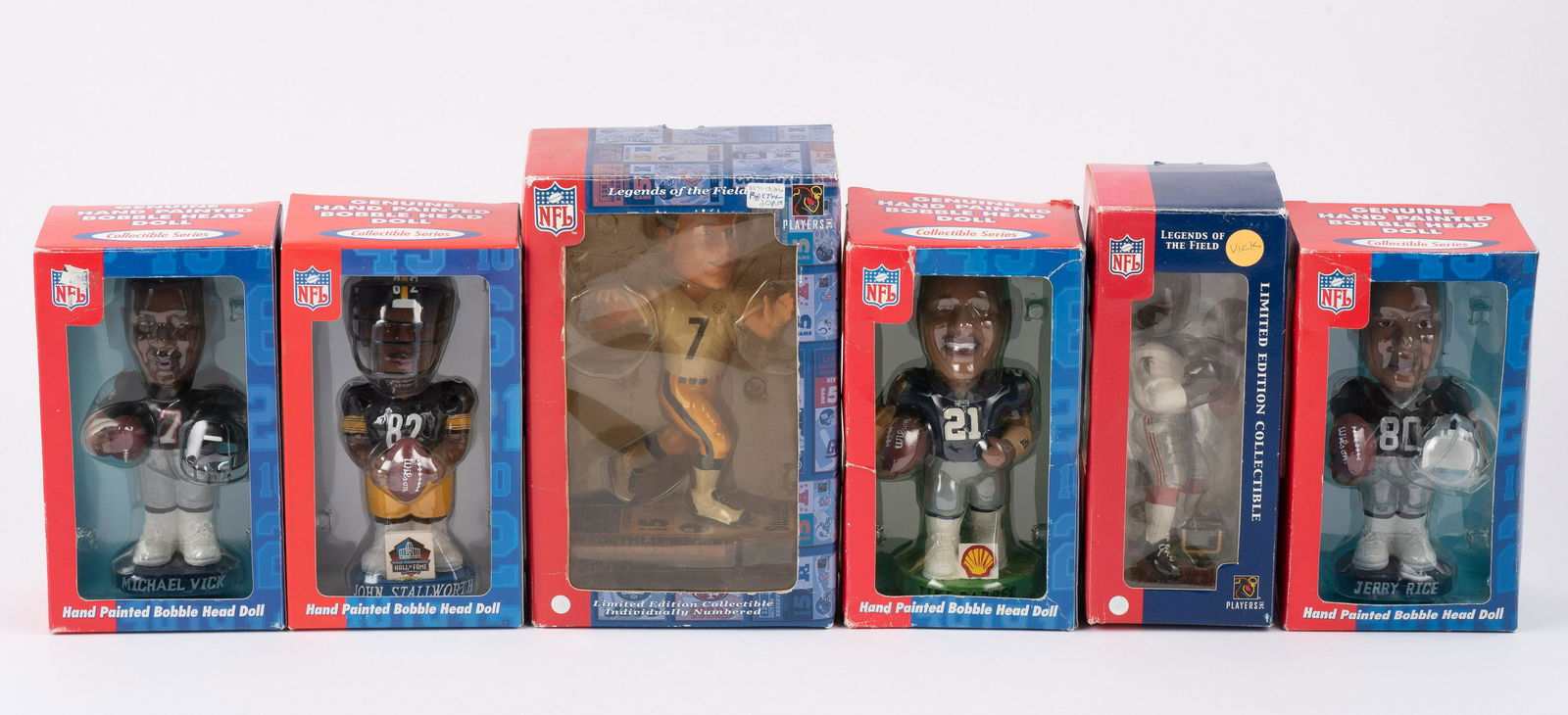 6 Football Bobbleheads: Includes 2 Michael Vick, Tiki Barber, Ben Roethlisberger, Jerry Rice, and John Stallworth. IMPORTANT: Before bidding, please read the terms and conditions. When you registered for the auction you agre