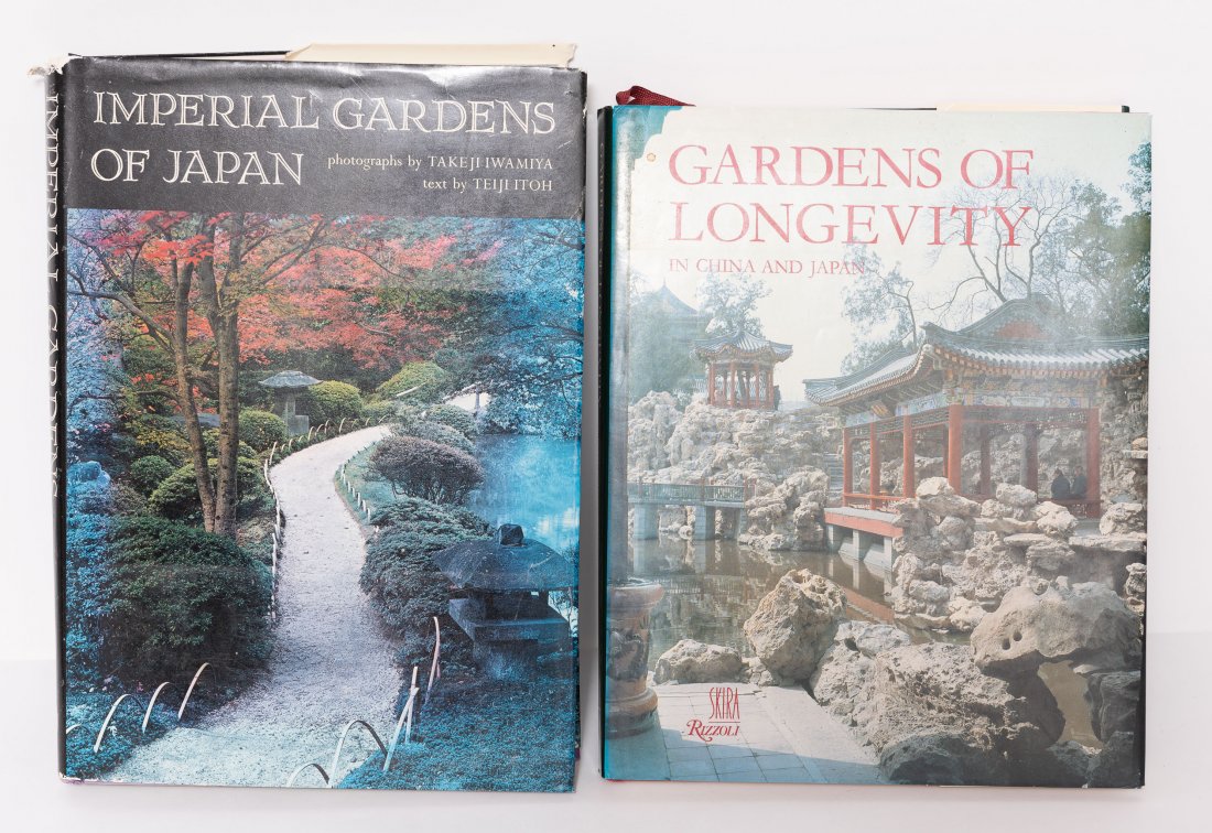 2 Books on China and Japan: Includes Gardens of Longevity in China and Japan by Pierre and Susanne Rambach, published by Rizzoli International Publications in 1987, and Imperial Gardens of Japan by Takeji Iwamiya and Teiji Itoh,