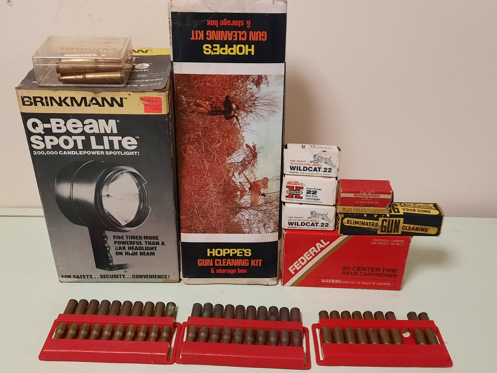 Ammo, Gun Cleaning Kit & Spotlight: Includes 22, 308, and 30-06 calibers. IMPORTANT: Before bidding, please read the terms and conditions. When you registered for the auction you agreed to these terms and will be required to comply with