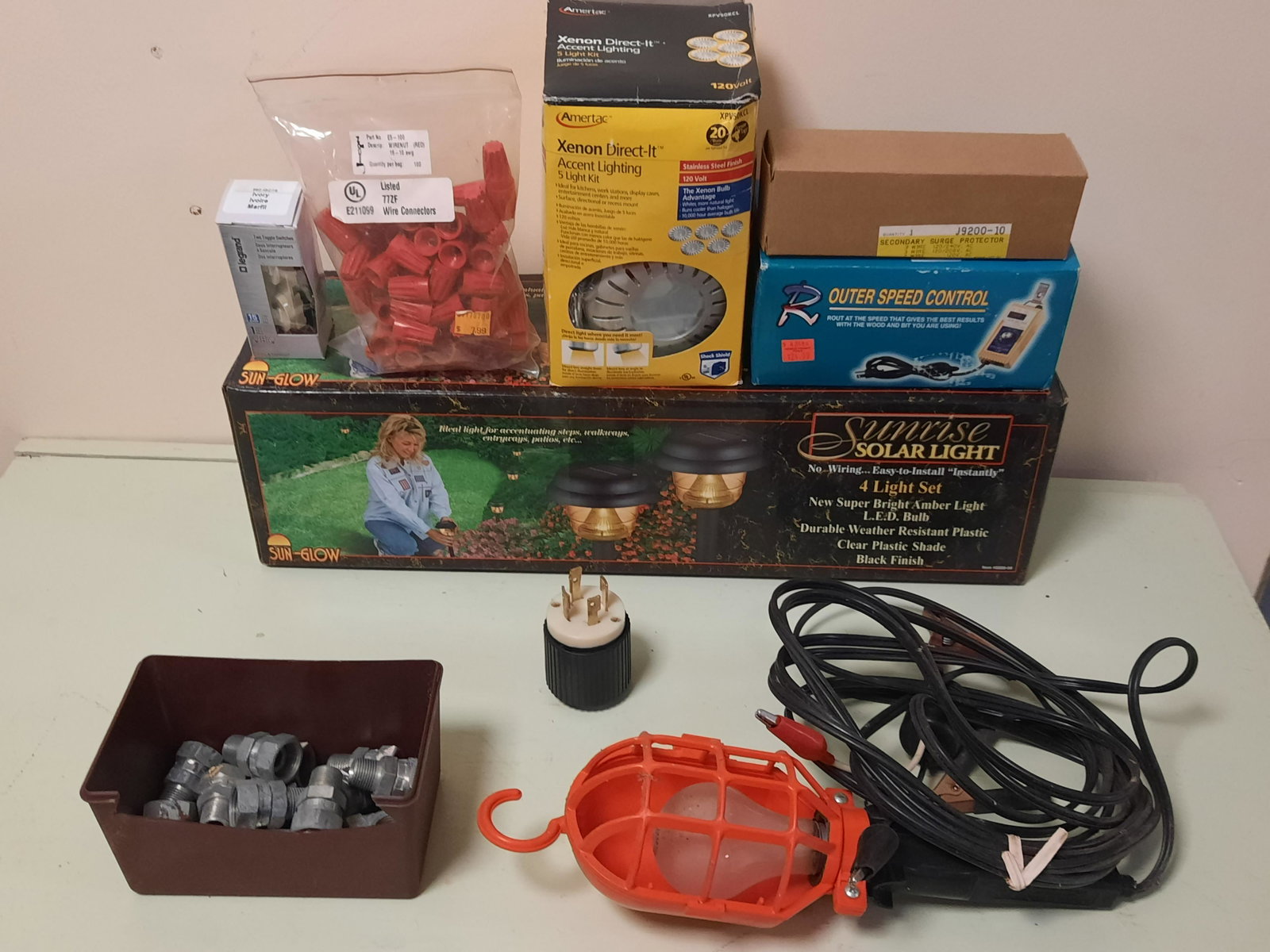 Group of Household Lighting & Wiring: Also includes metal connectors and automotive work light. IMPORTANT: Before bidding, please read the terms and conditions. When you registered for the auction you agreed to these terms and will be req