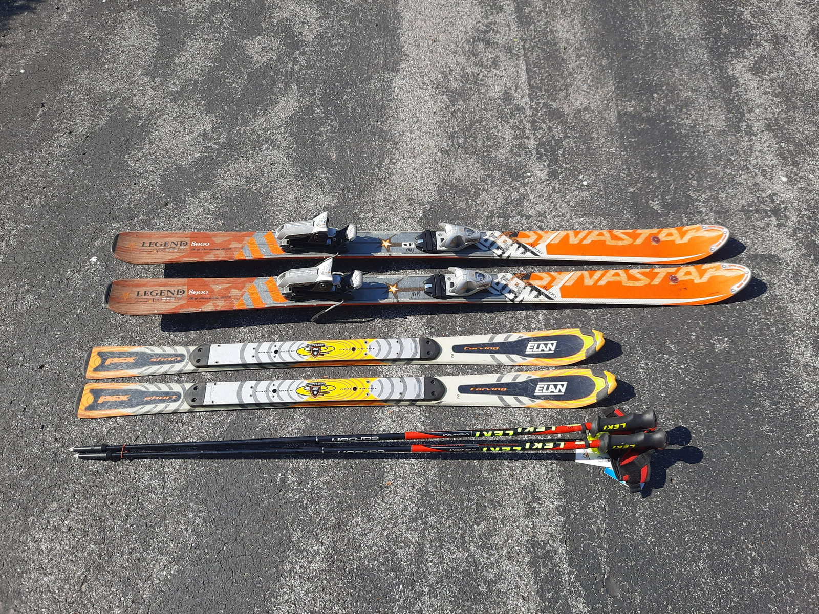2 Pairs Shaped Skis & Poles: Elan PSX short 120 to 154 cm long. Synastar Legend 8000 158 Look bindings. Leki Venom carbon poles new with tags. IMPORTANT: Before bidding, please read the terms and conditions. When you registered f