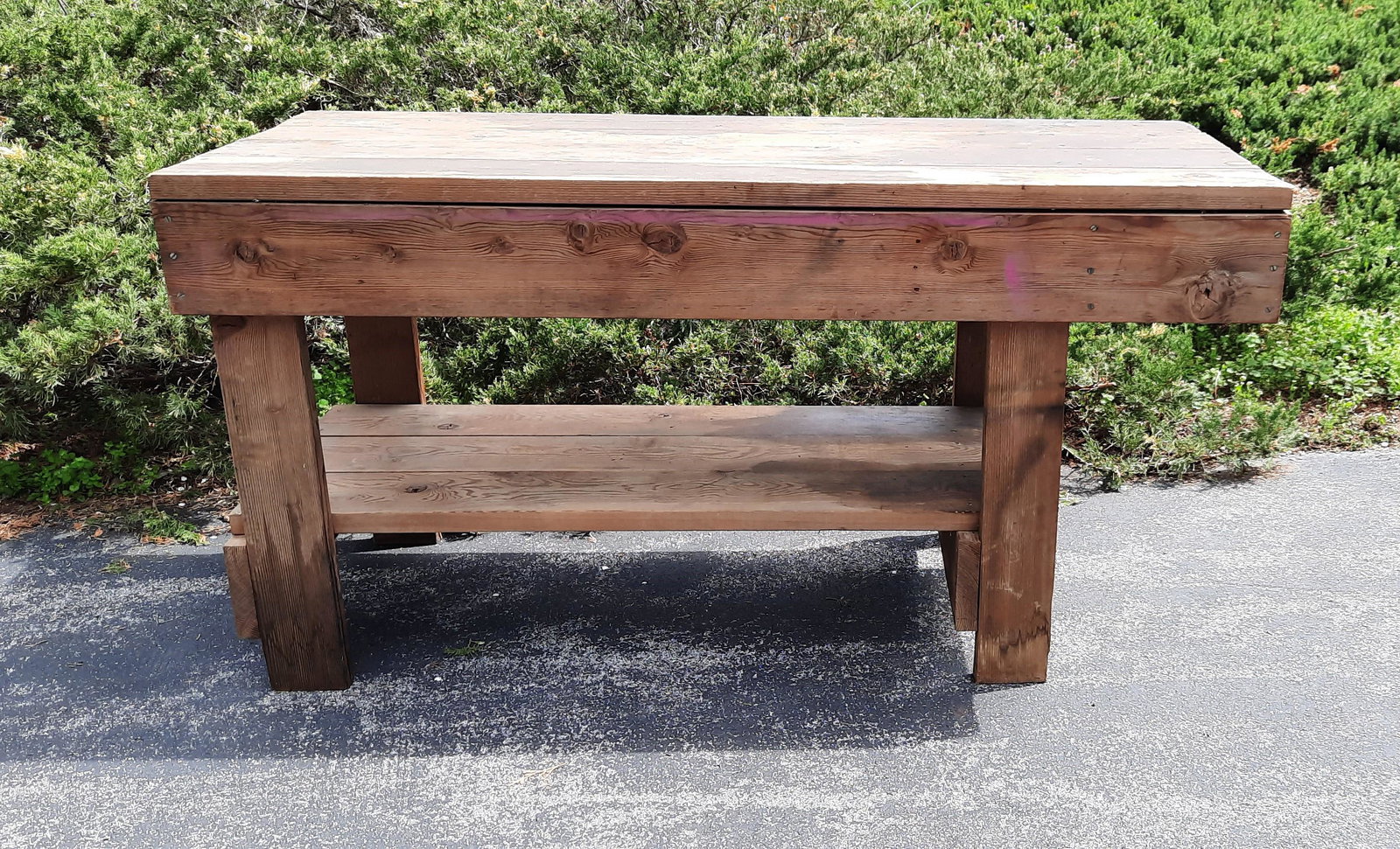 Workbench: Homemade. 72" long x 30" deep x 37 1/2" high. Some staining and paint marks to wood. IMPORTANT: Before bidding, please read the terms and conditions. When you registered for the auction you agreed to 