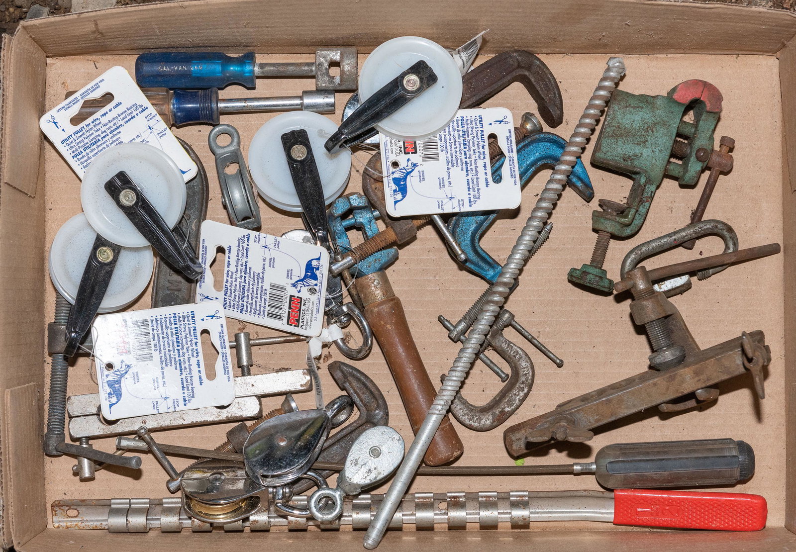 Pulleys and Clamps: Everlast utility pulleys and various size clamps. IMPORTANT: Before bidding, please read the terms and conditions. When you registered for the auction you agreed to these terms and will be required to