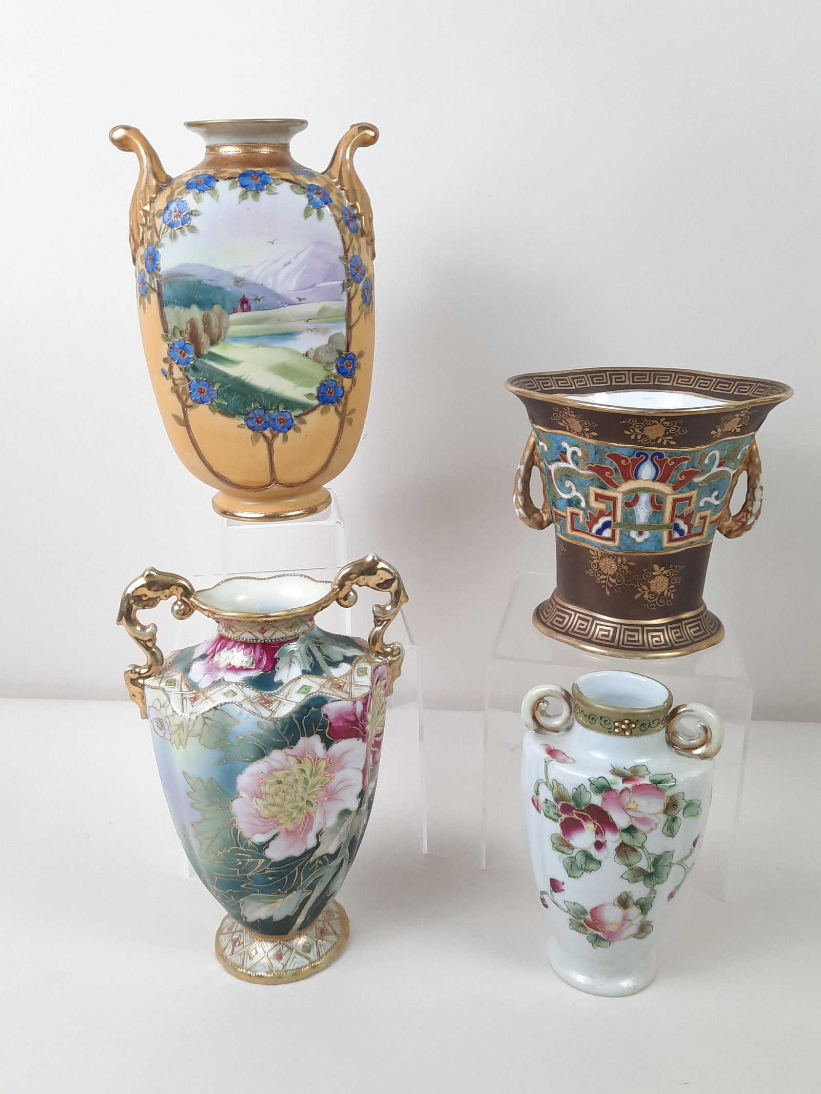 4 Nippon Vases: 6-3/4" to 9-1/2" high. Minor paint losses.