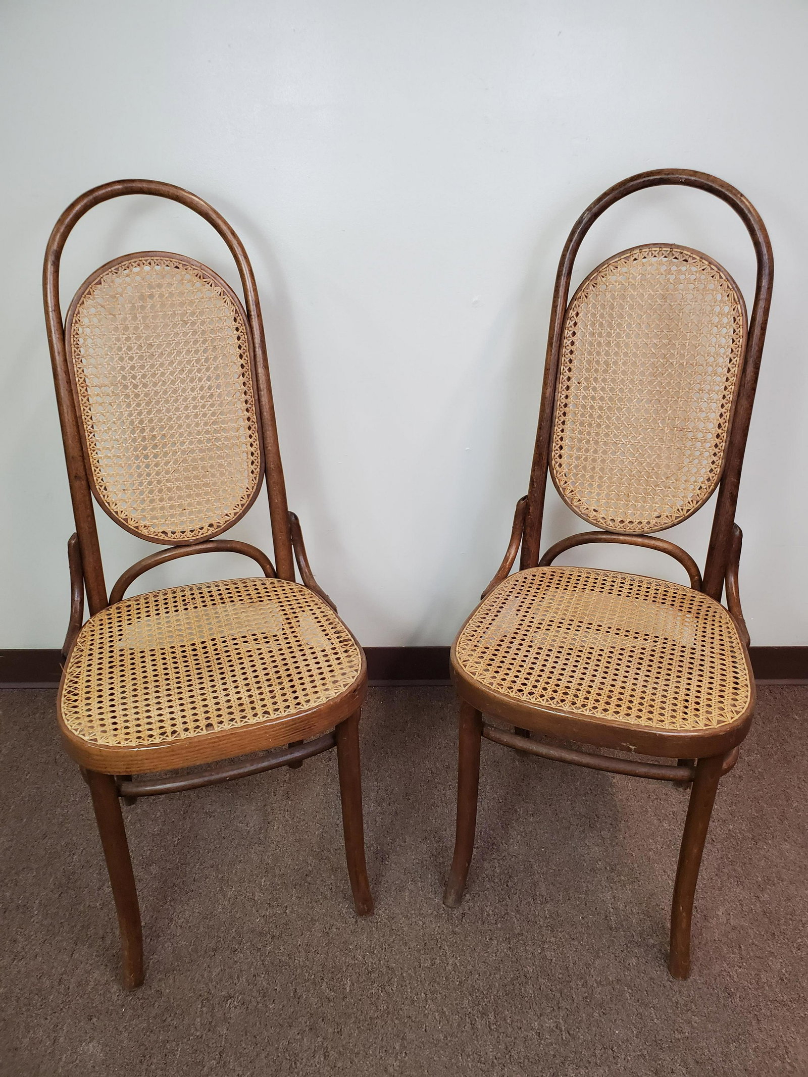 Pair Of Antique Bentwood Chairs: Attributed to Thonet. 17" wide X 22 1/2" deep X 43" high.