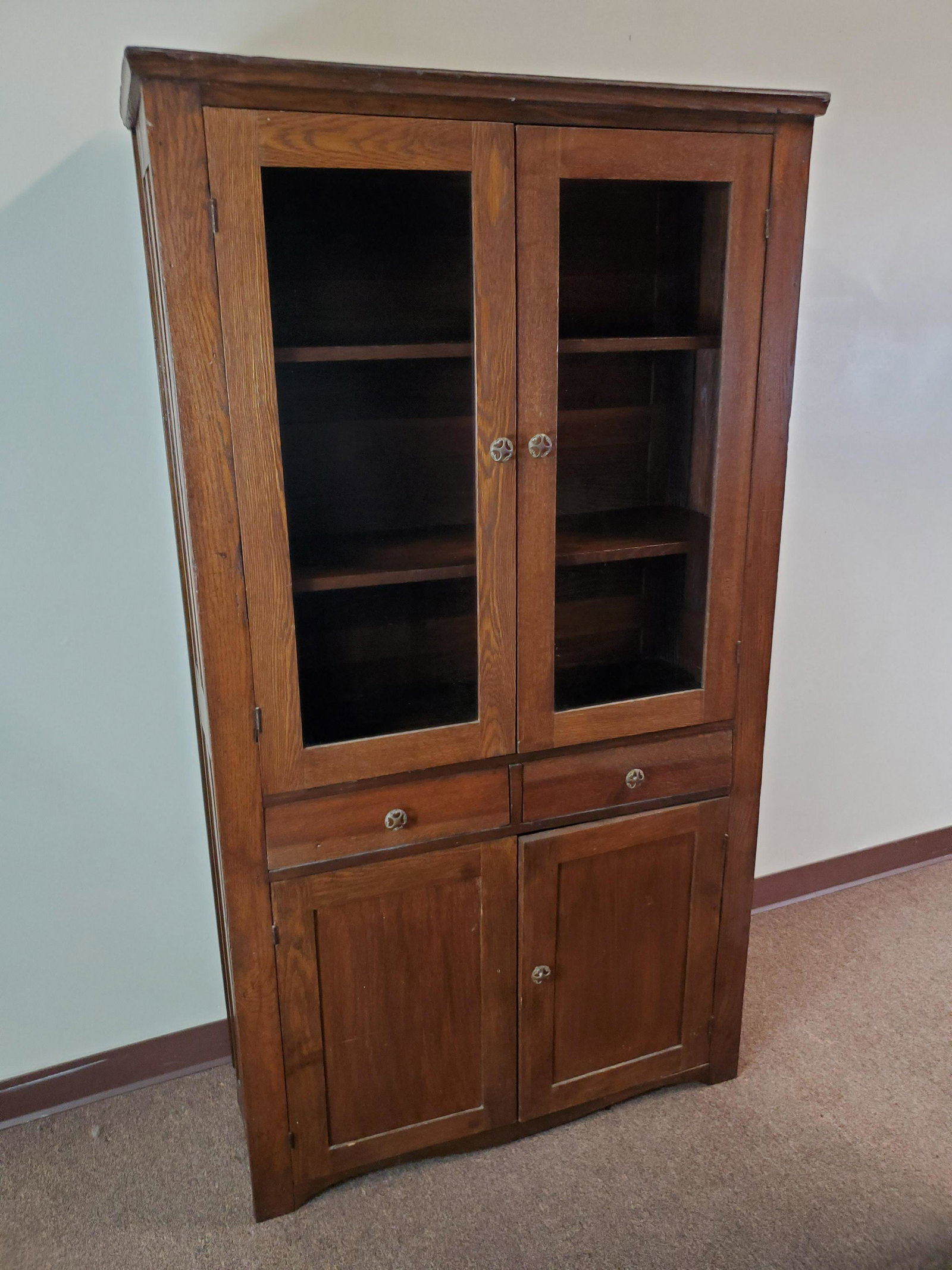 Antique A.D. Deemer Furniture Co Cabinet: Brookville, PA. Has two glass doors and two blind doors. 37 1/4" wide X 13 1/4" deep X 69" high.
