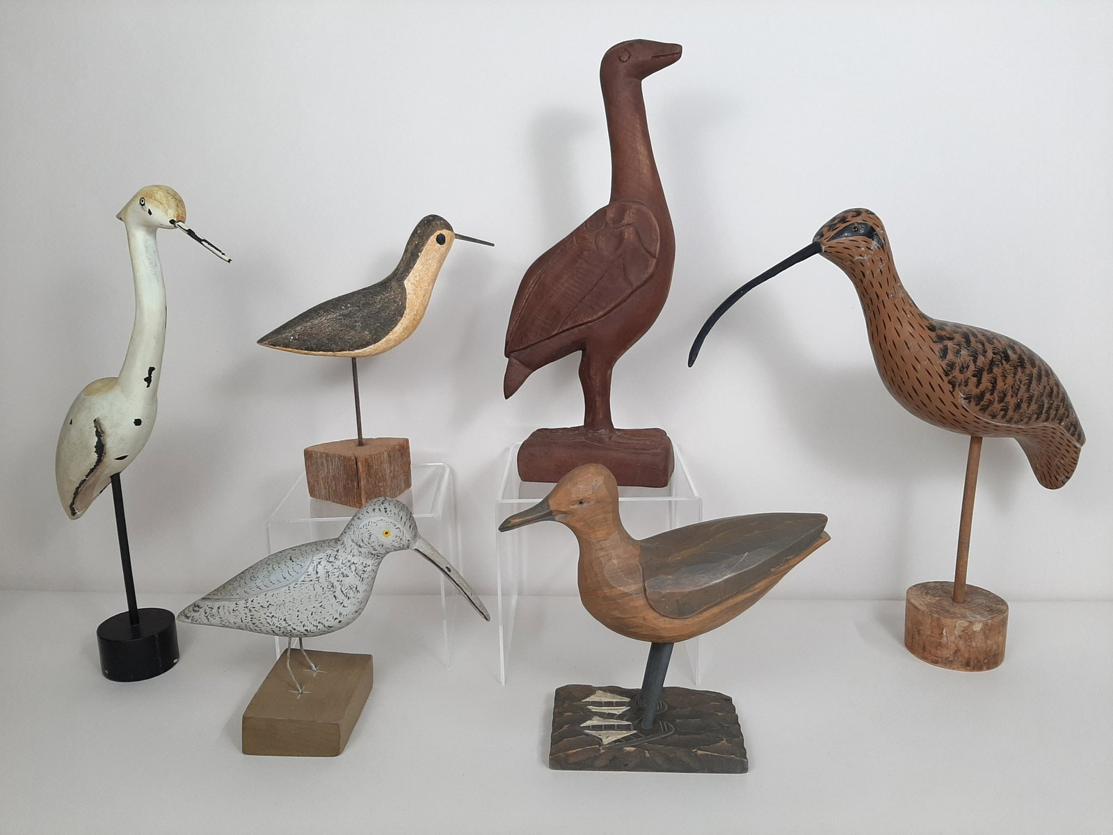 6 Wood Carved Birds: Includes Richard Morgan. 6½" to 16" long X 7¾" to 17½" high.