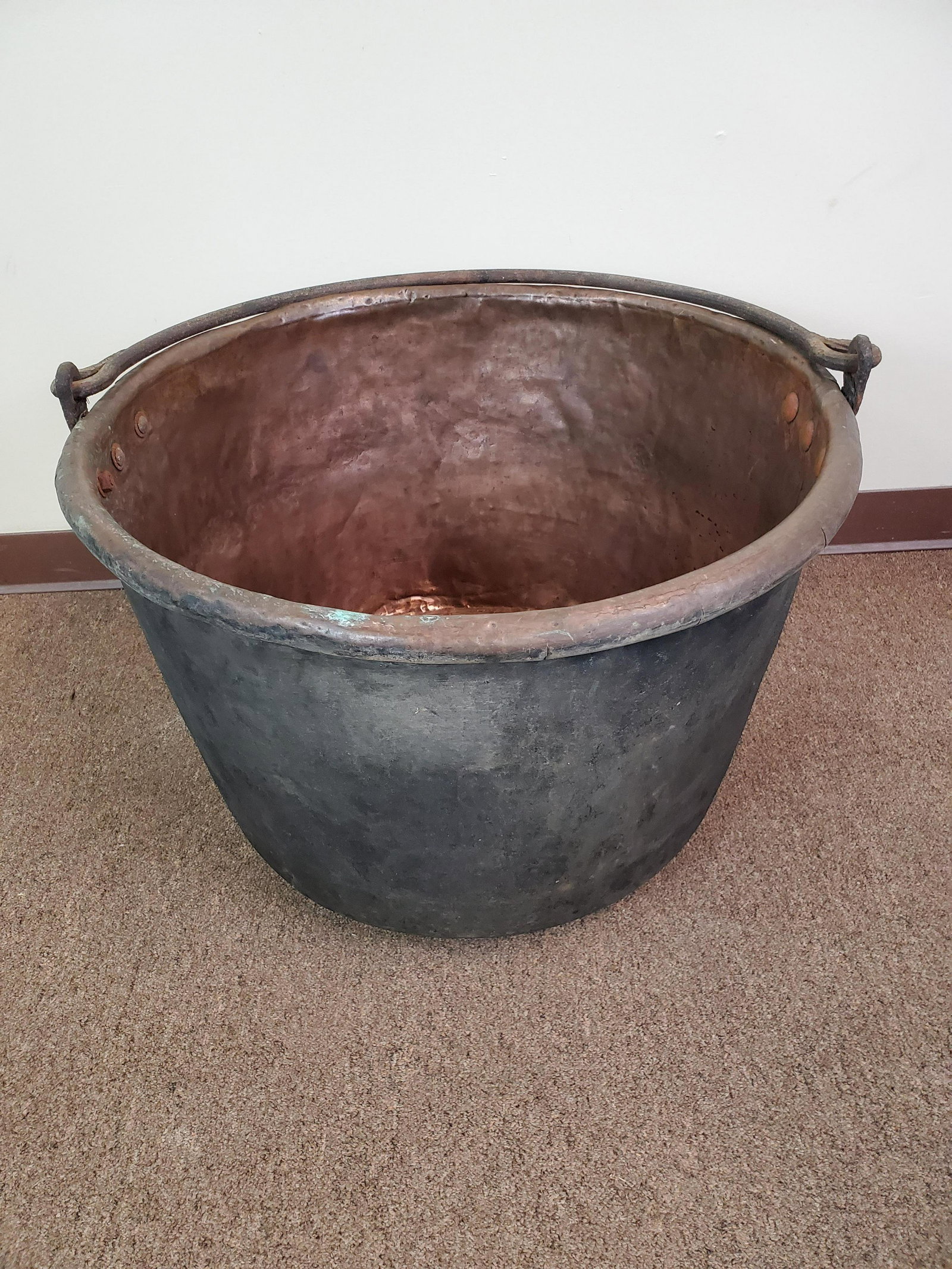 Copper Apple Butter Kettle: Unmarked. 29 3/4" diameter X 18 1/4" high.
