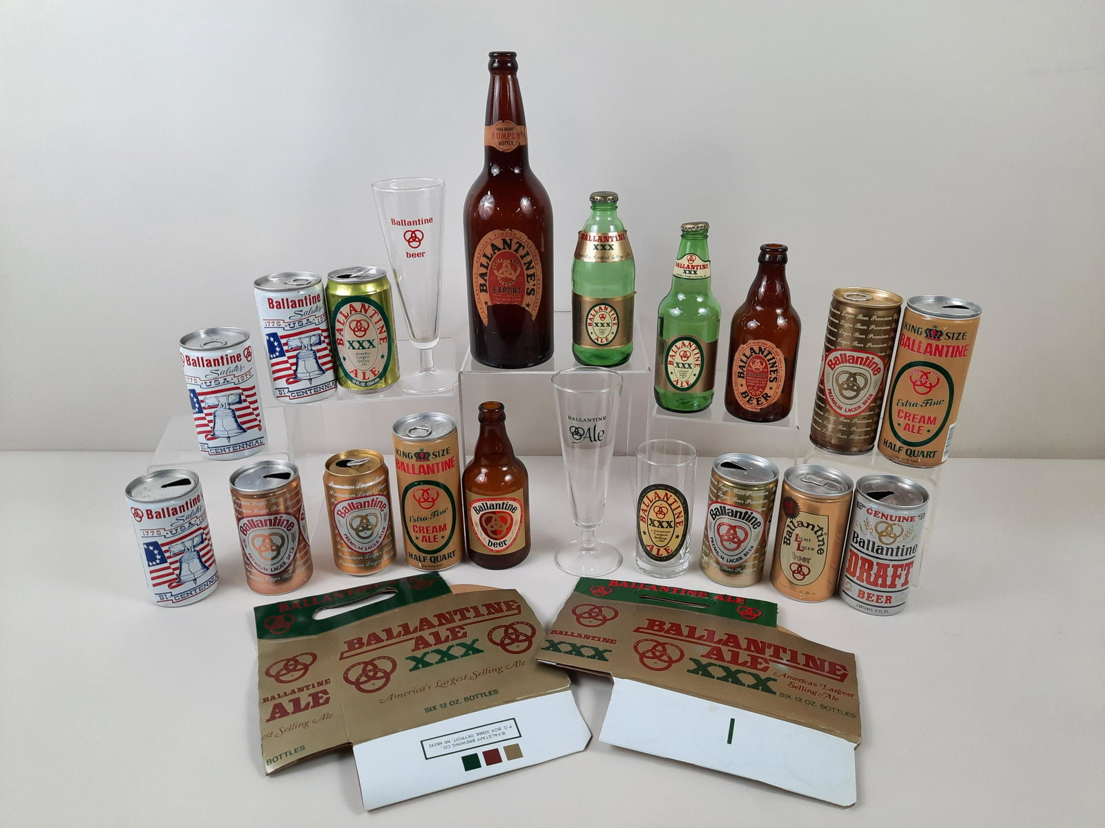 23 Ballantine Beer Bottles, Glasses and Cans: Also includes 2 cardboard 6 pack holders. 4-3/4" to 12" high.