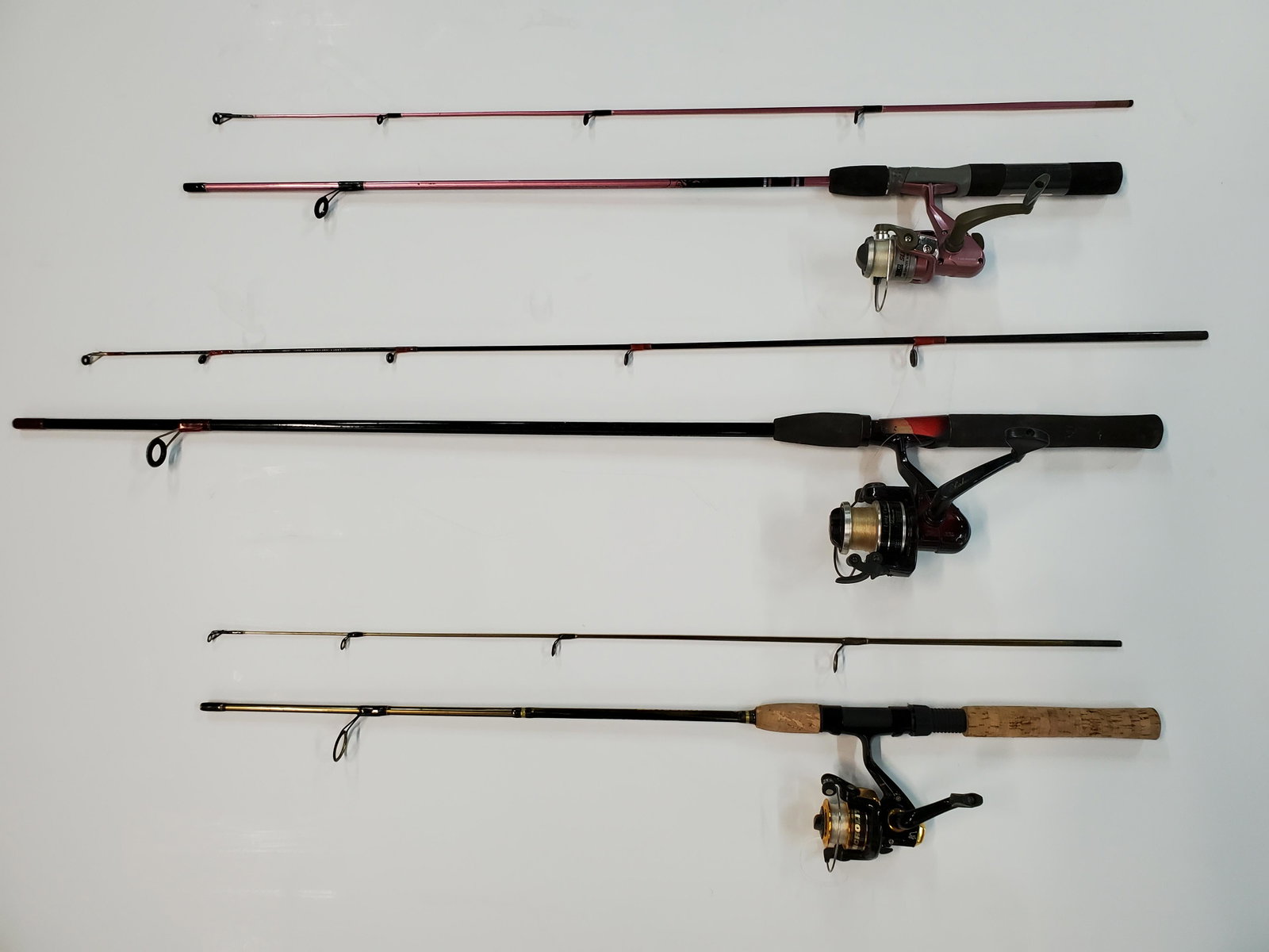3 Fishing Rods: Microlite R2F rod and reel, Shakespeare LX35, Zebco slingshot.