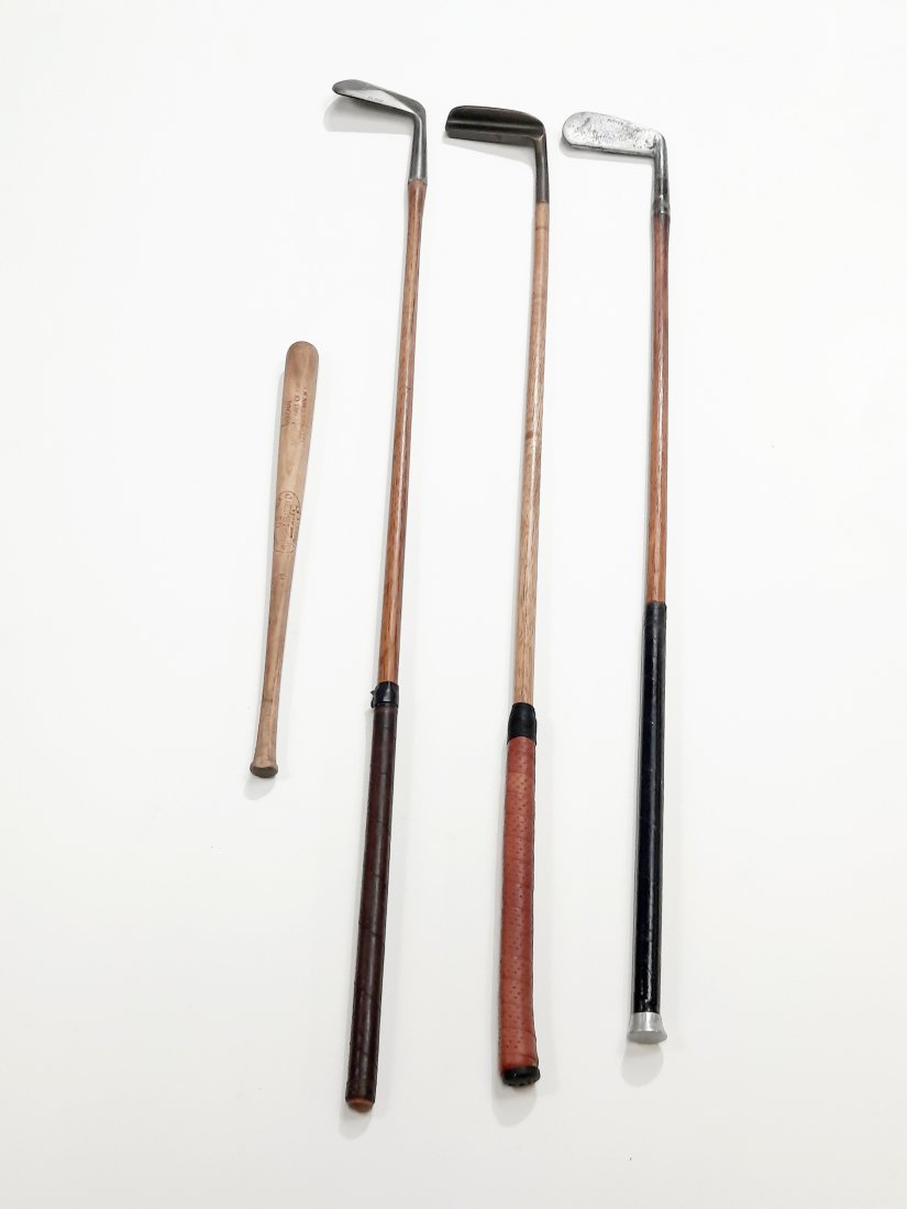 3 Vintage Golf Clubs & Mini Louisville Slugger: Old Master Putter, Chrome Plate Putter, Hoylake Special.