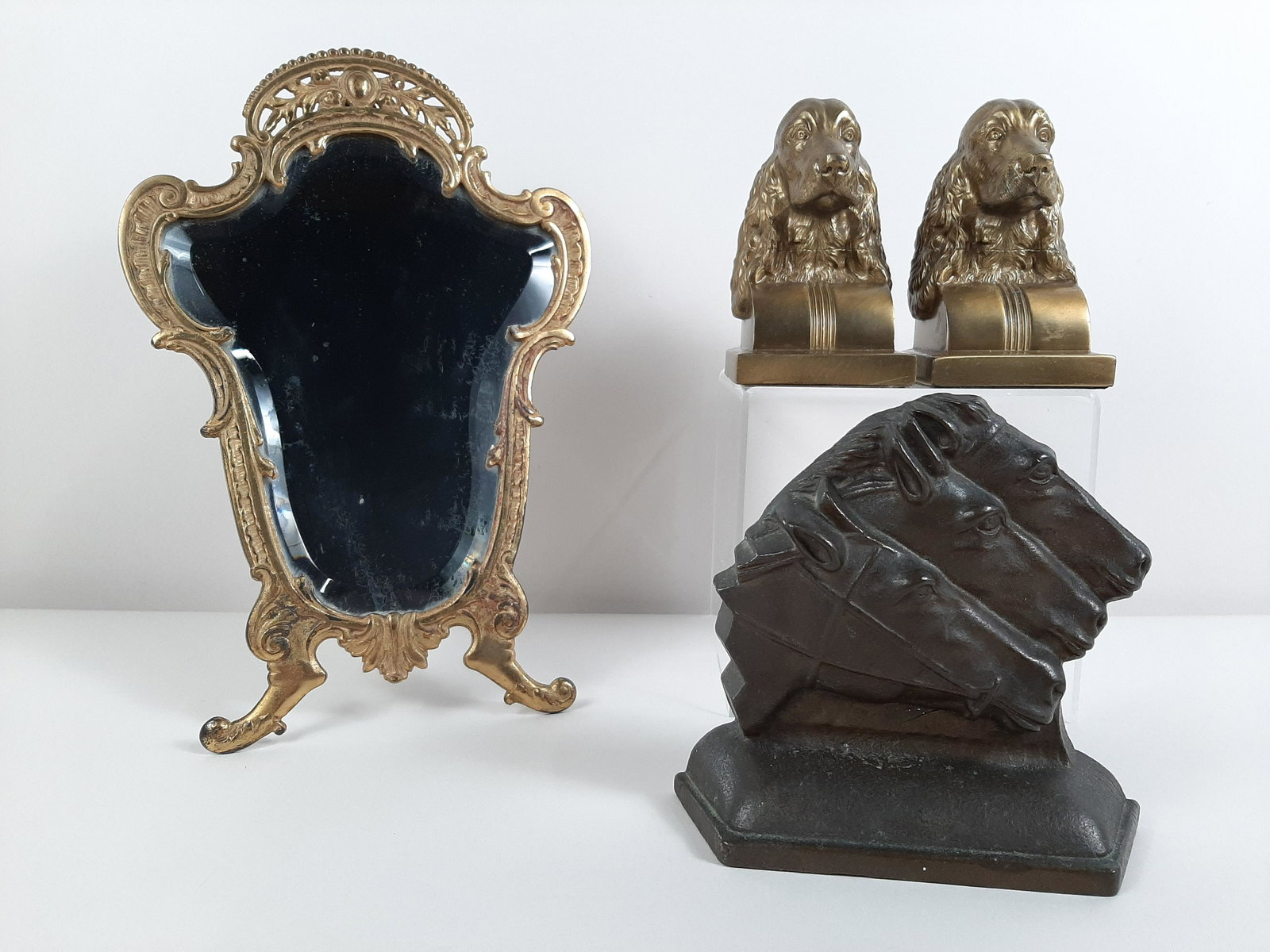 4 Pcs Bookends and Dresser Mirror: 3" to 8¼" wide X 5" to 12¼" high.