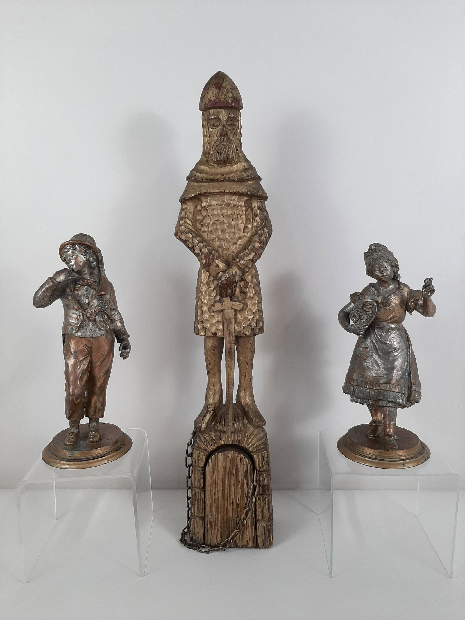 2 Figurines and Wooden Knight: Two figurines made of spelter. 4" to 4¼" wide X 9¾" to 22¾" high.