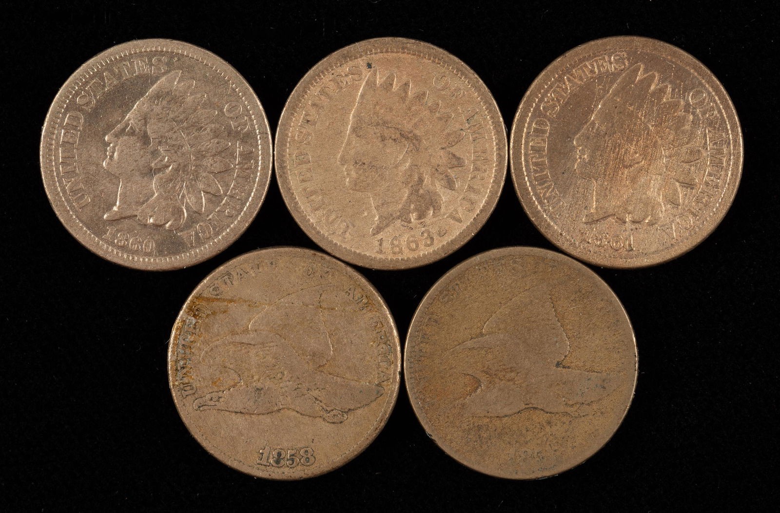 5 1 Cent Pieces Incl. 1858 Flying Eagles (1 of 2)