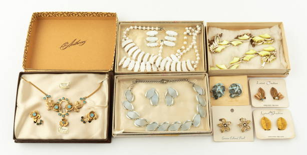 13 Pcs Vintage Costume Jewelry: includes original design by Anthony. Green bracelet 7 1/2" long. Floral earrings 1" high. White necklace 15 1/2" long. NOTE: All earrings are clip. IMPORTANT: Before bidding, please read the terms and