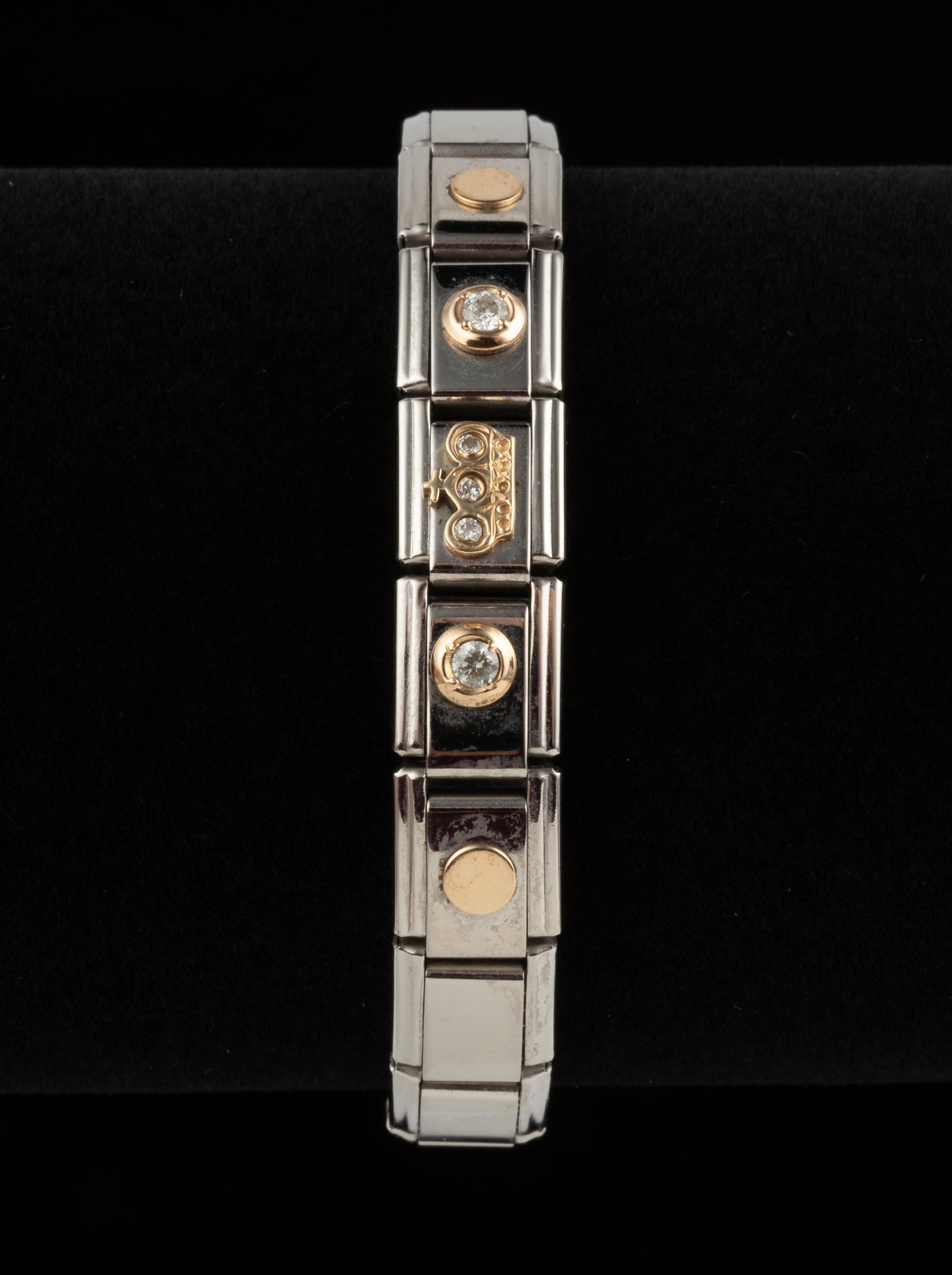 JAD Stainless & 14K Stretch Bracelet: With clear stones. 5/16" thick. 7" long. IMPORTANT: Before bidding, please read the terms and conditions. When you registered for the auction you agreed to these terms and will be required to comply w