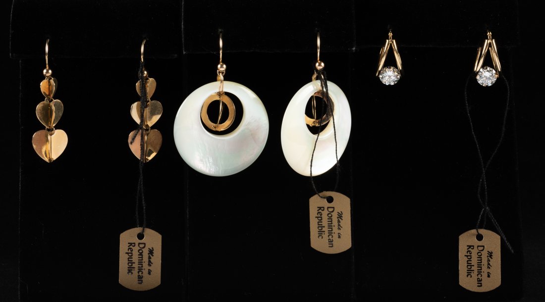3 Pairs of Gold Earrings: Hoops marked 14K. All from Dominican Republic. Round mother of pearl earrings 1 3/4" long. IMPORTANT: Before bidding, please read the terms and conditions. When you registered for the auction you agre