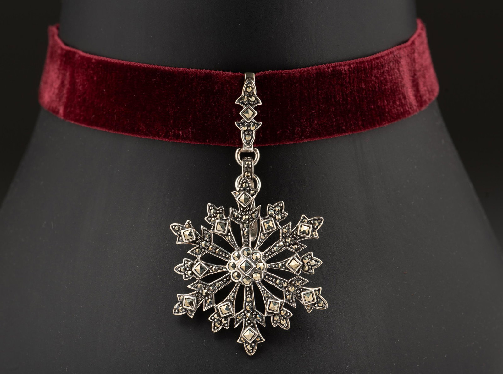 Choker with Sterling Snowflake Pendant: On velvet choker. Enhancer 2" high. IMPORTANT: Before bidding, please read the terms and conditions. When you registered for the auction you agreed to these terms and will be required to comply with t