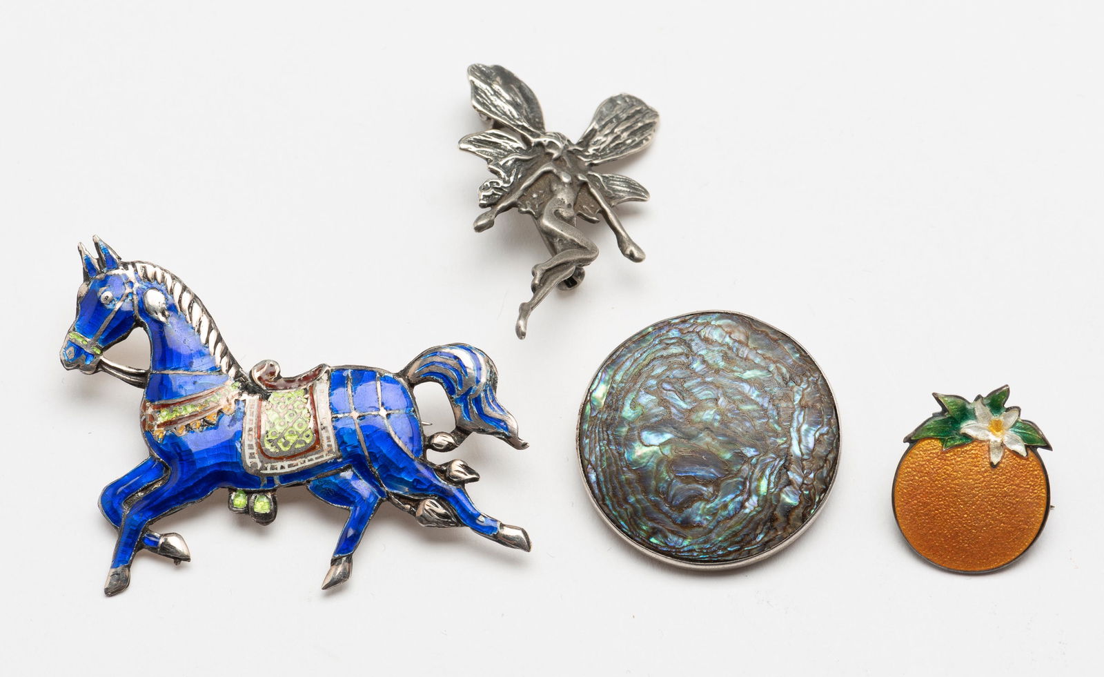 3 Pcs Sterling Jewelry: Fairy pin 1-1/3" high; abalone pendant 1" diameter. IMPORTANT: Before bidding, please read the terms and conditions. When you registered for the auction you agreed to these terms and will be required