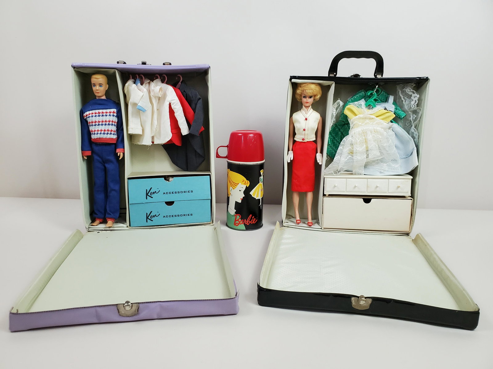 Midge & Ken With Case/Accessories & Thermos: Dolls are 11" tall. Midge 1958. Ken 1960. IMPORTANT: Before bidding, please read the terms and conditions. When you registered for the auction you agreed to these terms and will be required to comply 