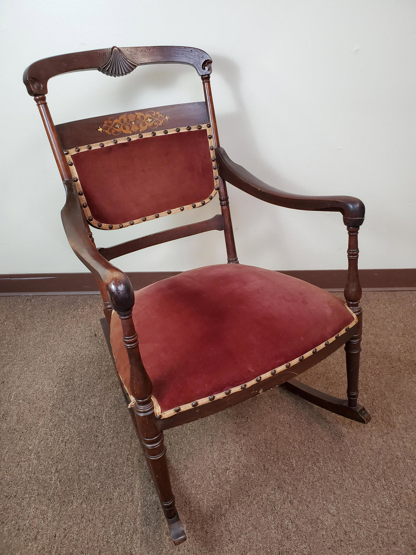 Inlaid Rocking Chair: 20 1/2" wide X 30 1/2" deep X 36" high. Old repair to arm rest. One runner has split. IMPORTANT: Before bidding, please read the terms and conditions. When you registered for the auction you agreed to