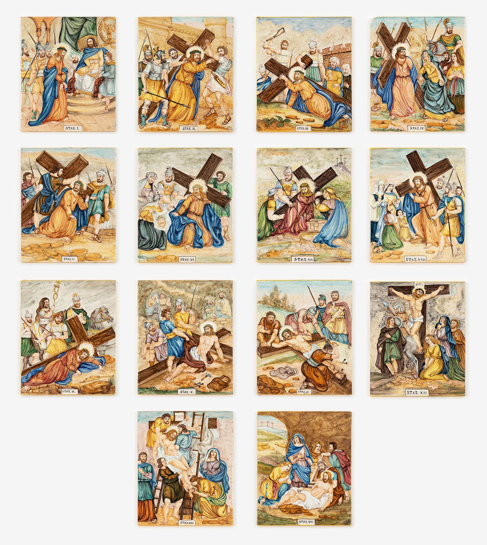 14 Stations of the Cross Majolica Tile Plaques: DESCRIPTION: Each signed " F. Veschini, Deruta " to lower right. Fourteen tile plaques depicting the Stations of the Cross, numbered by Roman numerals at bottom. Includes fourteen wood displays for wa