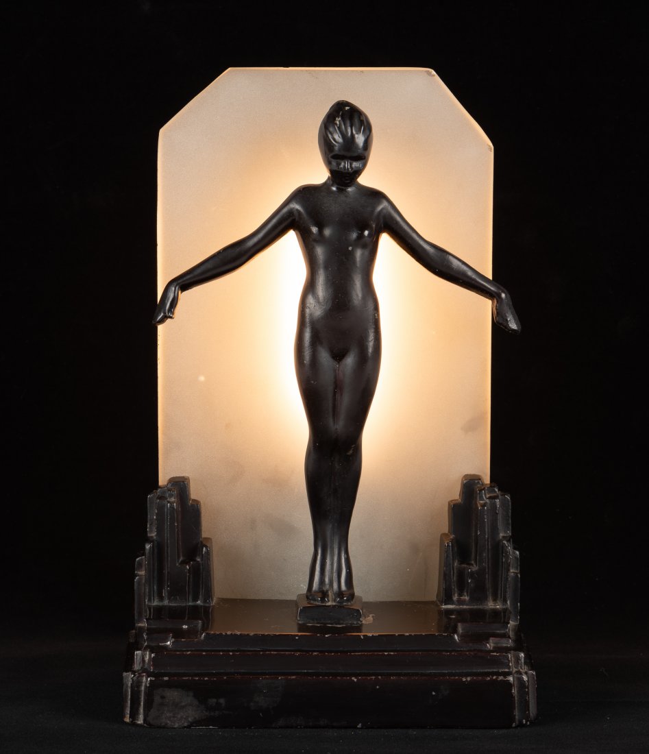 Frankart Figural Female Nude Table Lamp: DESCRIPTION: Frankart figural female nude table lamp with frosted glass panel on stepped base. Circa 1930. Marked Frankart and Pat. 76612. Working. MEASUREMENTS: 6 " wide at base x 9-3/4 " high x 5 "