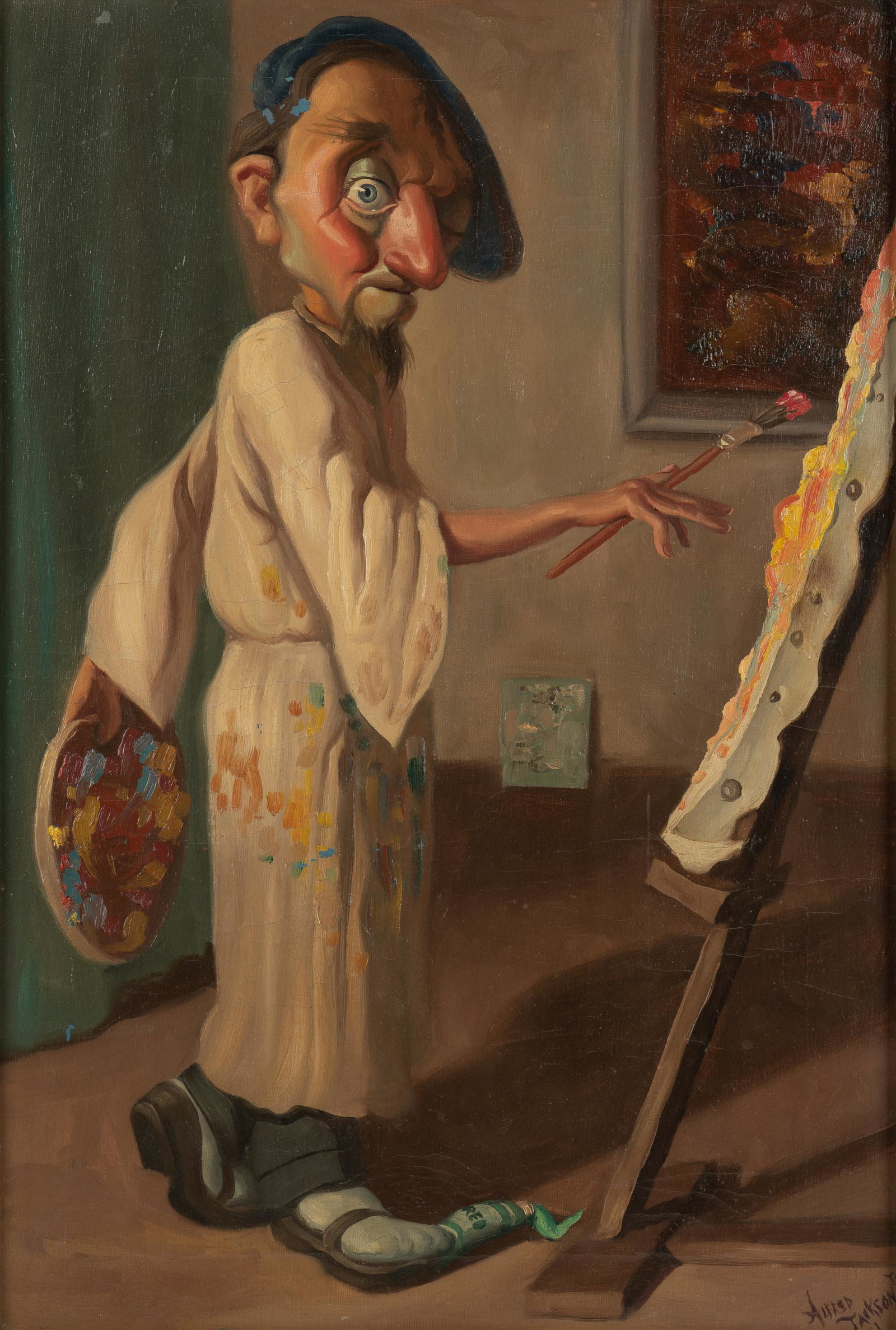 Alfred Jackson Tyler (American 1933-2011): DESCRIPTION: Alfred Jackson Tyler (American 1933-2011). Oil on canvas. Artist Painting. Signed to lower right. MEASUREMENTS: 14 " wide x 21-3/4 " high; overall with frame 17-3/4 " wide x 24-7/8 " high
